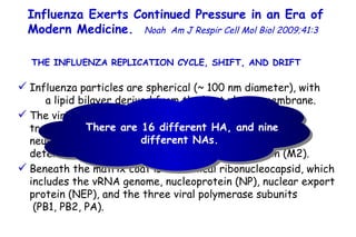 Influenza Exerts Continued Pressure in an Era of Modern Medicine.   Noah   Am J Respir Cell Mol Biol 2009;41:3  Influenza particles are spherical (~ 100 nm diameter), with  a lipid bilayer derived from the host plasma membrane.  The virion contains a matrix protein (M1) and three transmembrane proteins (hemagglutinin [HA] and neuraminidase [NA]), which are the major antigenic determinants, and a small membrane-bound protein (M2). Beneath the matrix coat is the helical ribonucleocapsid, which includes the vRNA genome, nucleoprotein (NP), nuclear export protein (NEP), and the three viral polymerase subunits  (PB1, PB2, PA).  There are 16 different HA, and nine different NAs.  THE INFLUENZA REPLICATION CYCLE, SHIFT, AND DRIFT  