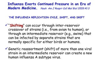 Influenza Exerts Continued Pressure in an Era of Modern Medicine.   Noah   Am J Respir Cell Mol Biol 2009;41:3  “ Shifting " can occur through inter-reservoir crossover of strains (i.e., from avian to human), or through an intermediate reservoir (e.g., swine) that can be infected by separate strains that are normally specific for either birds or humans.  Genetic reassortment (shift) of more than one viral strain in an intermediate reservoir can create a new human influenza A subtype virus.  THE INFLUENZA REPLICATION CYCLE, SHIFT, AND DRIFT  