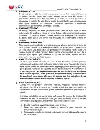 COMPETENCIA COMUNICATIVA
8
c. ENSAYO CRÍTICO
Se caracteriza por abordar temas variados y de manera libre y están orientados a
un público amplio. Suelen ser breves aunque buscan tratar los temas con
profundidad. Poseen una libre estructura y un estilo en el que predomina la
elegancia y el cuidado. Se vale de una amplia documentación para su realización y
para lograr expresar sus ideologías, valoración, opiniones y reflexiones
acompañadas por elementos científicos y teóricos.
d. ENSAYO EXPOSITIVO
Un ensayo expositivo es aquel que presenta las ideas del autor sobre un tema
determinado. Se analiza el mismo en forma fáctica y al mismo tiempo el redactor
contribuye con su propia visión. Es decir, la interpreta, y luego expone sus ideas.
Se podría decir que es una opinión más trabajada del escritor sobre un tema en
particular.
e. ENSAYO ARGUMENTATIVO
Tiene como objetivo defender una tesis propuesta y busca convencer al lector de
dicha postura. Se vale de un lenguaje sencillo, formal y culto, en el que predomina
un estilo natural. Las ideas deben ser planteadas de forma clara y debe existir una
relación lógica entre ellas. También debe evitar la tendenciosidad, es decir, dar a
conocer sólo aquello que favorezca la postura del autor, dejando de lado
información relevante que la contradiga
f. ENSAYO SOCIOLÓGICO
Es aquel que, desde el punto de vista de las disciplinas sociales (historia,
sociología antropología, etc.), enfoca un determinado tema. Por ejemplo, el tema
de la cocina puede ser examinado desde la perspectiva de la sociología como
queda patente en el inicio del siguiente ensayo de Rosario Oliva Weston referido a
la cocina española: “No es posible comprender las características principales
de la cocina española, antes y durante el descubrimiento y la colonización
del continente americano, sin tener en cuenta que los individuos de las
distintas clases sociales tenían diversas formas de comer”.
g. ENSAYO PERIODÍSTICO
Cuando lees un periódico encuentras noticias, imágenes, grandes titulares,
artículos sobre política, economía, etc. Entre los artículos de fondo, muchas veces
se presentan ensayos periodísticos que es importante que analices para ampliar tu
cultura.
El ensayo periodístico es una variación del género de ensayo. Su función más
importante es ser un instrumento ideológico para el debate público y la libre
confrontación de propuestas. Presenta las siguientes características:
a) El autor manifiesta su visión personal sobre el tema.
b) Debe ser mesurado en contenido y expresión para transmitir las
convicciones del autor.
c) Su lenguaje es culto, conceptual, y abstracto, comprensible para la mayoría
de los lectores.
 