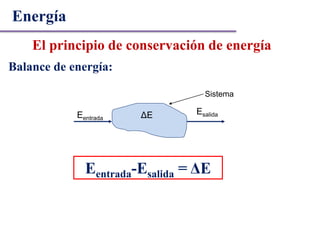 Energía
El principio de conservación de energía
Balance de energía:
Eentrada ΔE
Sistema
Esalida
Eentrada-Esalida = ΔE
 