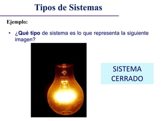 Tipos de Sistemas
Ejemplo:
• ¿Qué tipo de sistema es lo que representa la siguiente
imagen?
SISTEMA
CERRADO
 