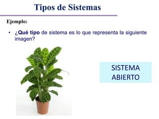 Tipos de Sistemas
Ejemplo:
• ¿Qué tipo de sistema es lo que representa la siguiente
imagen?
SISTEMA
ABIERTO
 