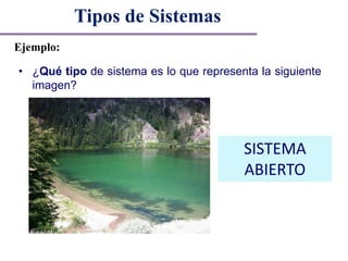 Tipos de Sistemas
Ejemplo:
• ¿Qué tipo de sistema es lo que representa la siguiente
imagen?
SISTEMA
ABIERTO
 