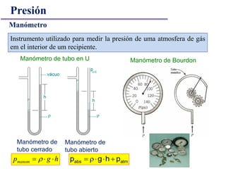 hgpmanom   atmabs phgp 
Manómetro de
tubo abierto
Manómetro de
tubo cerrado
Manómetro de tubo en U Manómetro de Bourdon
Manómetro
Instrumento utilizado para medir la presión de uma atmosfera de gás
em el interior de um recipiente.
Presión
 