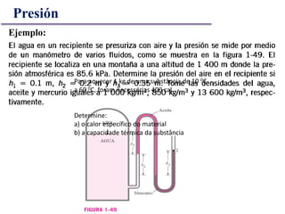 Presión
Ejemplo:
Para aquecer 1 kg de uma substância de 10 0C
a 60 0C, foram necessárias 400 cal.
Determine:
a) o calor específico do material
b) a capacidade térmica da substância
 