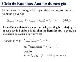 La ecuación de energía de flujo estacionario, por unidad
de masa de vapor.
Ciclo de Rankine: Análise de energía
La caldera y el condensador no incluyen ningún trabajo y se
supone que la bomba y la turbina son isentrópicas, la ecuación
de energía para cada dispositivo es:
 
