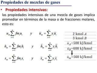 las propiedades intensivas de una mezcla de gases implica
promediar en términos de la masa o de fracciones molares,
esto es:
Propiedades de mezclas de gases
• Propiedades intensivas:
 