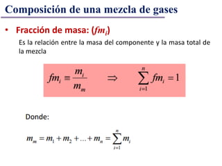 • Fracción de masa: (fmi)
Composición de una mezcla de gases
Es la relación entre la masa del componente y la masa total de
la mezcla
 
