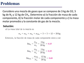Problemas
Solución:
Considere una mezcla de gases que se compone de 3 kg de O2, 5
kg de N2 y 12 kg de CH4. Determine a) la fracción de masa de cada
componente, b) la fracción molar de cada componente y c) la masa
molar promedio y la constante de gas de la mezcla.
 