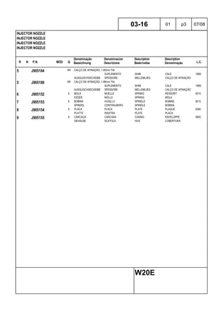 R N P.N. MOD Q
Denominação
Bezeichnung
Denominacion
Descrizione
Description
Beskrivelse
Description
Denominação L.C.
INJECTOR NOZZLE
INJECTOR NOZZLE
INJECTOR NOZZLE
INJECTOR NOZZLE
03-16 01 p3 07/08
W20E
5 J905184 AR CALÇO DE AFINAÇÃO, 1.90mm Thk
SUPLEMENTO SHIM CALE 198S
AUSGLEICHSSCHEIBE SPESSORE MELLEMLÆG CALÇO DE AFINAÇÃO
5 J905186 AR CALÇO DE AFINAÇÃO, 1.98mm Thk
SUPLEMENTO SHIM CALE 198S
AUSGLEICHSSCHEIBE SPESSORE MELLEMLÆG CALÇO DE AFINAÇÃO
6 J905152 6 MOLA MUELLE SPRING RESSORT 8315
FEDER MOLLA SPRING MOLA
7 J905153 6 BOBINA HUSILLO SPINDLE BOBINE 8215
SPINDEL CONTRALBERO SPINDLE BOBINA
8 J905154 6 PLACA PLACA PLATE PLAQUE 6360
PLATTE PIASTRA PLATE PLACA
9 J905155 6 CARCAÇA CARCASA CASING ENVELOPPE 080C
GEHÄUSE SCATOLA HUS COBERTURA
 