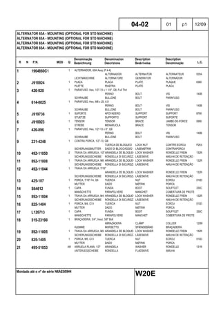 R N P.N. MOD Q
Denominação
Bezeichnung
Denominacion
Descrizione
Description
Beskrivelse
Description
Denominação L.C.
ALTERNATOR 65A - MOUNTING (OPTIONAL FOR STD MACHINE)
ALTERNATOR 65A - MOUNTING (OPTIONAL FOR STD MACHINE)
ALTERNATOR 65A - MOUNTING (OPTIONAL FOR STD MACHINE)
ALTERNATOR 65A - MOUNTING (OPTIONAL FOR STD MACHINE)
04-02 01 p1 12/09
Montado até o nº de série N6AE00944
W20E
1 1964860C1 1 ALTERNADOR, 65A Assy (P.4-4)
ALTERNADOR ALTERNATOR ALTERNATEUR 025A
LICHTMASCHINE ALTERNATORE GENERATOR ALTERNADOR
2 J910924 1 PLACA PLACA PLATE PLAQUE 6360
PLATTE PIASTRA PLATE PLACA
3 426-820 1 PARAFUSO, Hex, 1/2"-13 x 1 1/4", G8, Full Thd
PERNO BOLT VIS 140B
SCHRAUBE BULLONE BOLT PARAFUSO
4 614-8025 1 PARAFUSO, Hex, M8 x 25, 8.8
PERNO BOLT VIS 140B
SCHRAUBE BULLONE BOLT PARAFUSO
5 J919736 1 SUPORTE APOYADERO SUPPORT SUPPORT 8790
STUETZE SUPPORTO SUPPORT SUPORTE
6 J910923 1 TENSOR TENSOR BRACE JAMBE-DE-FORCE 0990
STREBE MENARUOLA BRACE TENSOR
7 426-896 1 PARAFUSO, Hex, 1/2"-13 x 6", G8
PERNO BOLT VIS 140B
SCHRAUBE BULLONE BOLT PARAFUSO
9 231-4248 1 CONTRA PORCA, 1/2"-13, GB
TUERCA DE BLOQUEO LOCK NUT CONTRE-ECROU P263
SICHERUNGSMUTTER DADO DI BLOCCAGGIO LÅSEMØTRIK CONTRAPORCA
10 492-11050 2 TRAVA DA ARRUELA, 1/2"ARANDELA DE BLOQUEO LOCK WASHER RONDELLE FREIN 132R
SICHERUNGSSCHEIBE RONDELLA DI SICUREZZALÅSESKIVE ANILHA DE RETENÇÃO
11 892-11008 1 TRAVA DA ARRUELA, M8 ARANDELA DE BLOQUEO LOCK WASHER RONDELLE FREIN 132R
SICHERUNGSSCHEIBE RONDELLA DI SICUREZZALÅSESKIVE ANILHA DE RETENÇÃO
12 492-11044 1 TRAVA DA ARRUELA, 7/16"
ARANDELA DE BLOQUEO LOCK WASHER RONDELLE FREIN 132R
SICHERUNGSSCHEIBE RONDELLA DI SICUREZZALÅSESKIVE ANILHA DE RETENÇÃO
13 425-107 1 PORCA, 7/16"-14, G5 TUERCA NUT ECROU 010D
MUTTER DADO MØTRIK PORCA
14 S64612 1 CAPA FUNDA BOOT SOUFFLET 330C
MANSCHETTE PARAPOLVERE MANCHET COBERTURA DE PROTECÇÃO
15 892-11004 1 TRAVA DA ARRUELA, M4 ARANDELA DE BLOQUEO LOCK WASHER RONDELLE FREIN 132R
SICHERUNGSSCHEIBE RONDELLA DI SICUREZZALÅSESKIVE ANILHA DE RETENÇÃO
16 825-1404 1 PORCA, M4, Cl 8 TUERCA NUT ECROU 010D
MUTTER DADO MØTRIK PORCA
17 L126713 1 CAPA FUNDA BOOT SOUFFLET 330C
MANSCHETTE PARAPOLVERE MANCHET COBERTURA DE PROTECÇÃO
18 515-23190 1 BRAÇADEIRA, 3/4", Insul, 3/8" Bolt
ABRAZADERA CLAMP COLLIER 120M
KLEMME MORSETTO SPÆNDEBÅND BRAÇADEIRA
19 892-11005 1 TRAVA DA ARRUELA, M5 ARANDELA DE BLOQUEO LOCK WASHER RONDELLE FREIN 132R
SICHERUNGSSCHEIBE RONDELLA DI SICUREZZALÅSESKIVE ANILHA DE RETENÇÃO
20 825-1405 1 PORCA, M5, Cl 8 TUERCA NUT ECROU 010D
MUTTER DADO MØTRIK PORCA
21 495-51053 AR ARRUELA PLANA, 1/2" ARANDELA WASHER RONDELLE 131R
UNTERLEGSCHEIBE RONDELLA FLADSKIVE ANILHA
 