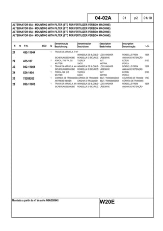 R N P.N. MOD Q
Denominação
Bezeichnung
Denominacion
Descrizione
Description
Beskrivelse
Description
Denominação L.C.
ALTERNATOR 65A - MOUNTING WITH FILTER (STD FOR FERTILIZER VERSION MACHINE)
ALTERNATOR 65A - MOUNTING WITH FILTER (STD FOR FERTILIZER VERSION MACHINE)
ALTERNATOR 65A - MOUNTING WITH FILTER (STD FOR FERTILIZER VERSION MACHINE)
ALTERNATOR 65A - MOUNTING WITH FILTER (STD FOR FERTILIZER VERSION MACHINE)
04-02A 01 p2 01/10
Montado a partir do nº de série N6AE00945
W20E
21 492-11044 1 TRAVA DA ARRUELA, 7/16"
ARANDELA DE BLOQUEO LOCK WASHER RONDELLE FREIN 132R
SICHERUNGSSCHEIBE RONDELLA DI SICUREZZALÅSESKIVE ANILHA DE RETENÇÃO
22 425-107 1 PORCA, 7/16"-14, G5 TUERCA NUT ECROU 010D
MUTTER DADO MØTRIK PORCA
23 892-11004 1 TRAVA DA ARRUELA, M4 ARANDELA DE BLOQUEO LOCK WASHER RONDELLE FREIN 132R
SICHERUNGSSCHEIBE RONDELLA DI SICUREZZALÅSESKIVE ANILHA DE RETENÇÃO
24 824-1404 1 PORCA, M4, Cl 5 TUERCA NUT ECROU 010D
MUTTER DADO MØTRIK PORCA
25 75208262 1 CORREIA DE TRANSMISSCORREA DE TRANSMISSIBELT, TRANSMISSION COURROIE DE TRANSMIS173C
ANTRIEBS RIEMEN CINGHIA DI TRASMISSI BELT, TRANSMISSION CORREIA DE TRANSMISS
26 892-11005 1 TRAVA DA ARRUELA, M5 ARANDELA DE BLOQUEO LOCK WASHER RONDELLE FREIN 132R
SICHERUNGSSCHEIBE RONDELLA DI SICUREZZALÅSESKIVE ANILHA DE RETENÇÃO
 