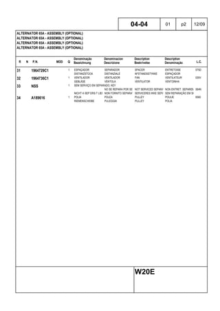 R N P.N. MOD Q
Denominação
Bezeichnung
Denominacion
Descrizione
Description
Beskrivelse
Description
Denominação L.C.
ALTERNATOR 65A - ASSEMBLY (OPTIONAL)
ALTERNATOR 65A - ASSEMBLY (OPTIONAL)
ALTERNATOR 65A - ASSEMBLY (OPTIONAL)
ALTERNATOR 65A - ASSEMBLY (OPTIONAL)
04-04 01 p2 12/09
W20E
31 1964729C1 1 ESPAÇADOR SEPARADOR SPACER ENTRETOISE 075D
DISTANZSTÜCK DISTANZIALE AFSTANDSSTYKKE ESPAÇADOR
32 1964736C1 1 VENTILADOR VENTILADOR FAN VENTILATEUR 030V
GEBLÄSE VENTOLA VENTILATOR VENTOINHA
33 NSS 1 SEM SERVIÇO EM SEPARADO, KEY
NO SE REPARA POR SEPARADONOT SERVICED SEPARATELYNON ENTRET. SEPAREMENT064N
NICHT A SEP ERS-T LIEFERBNON FORNITO SEPARATAMENTESERVICERES IKKE SEPARATSEM REPARAÇÃO EM SEPARADO
34 A189616 1 POLIA POLEA PULLEY POULIE 6560
RIEMENSCHEIBE PULEGGIA PULLEY POLIA
 