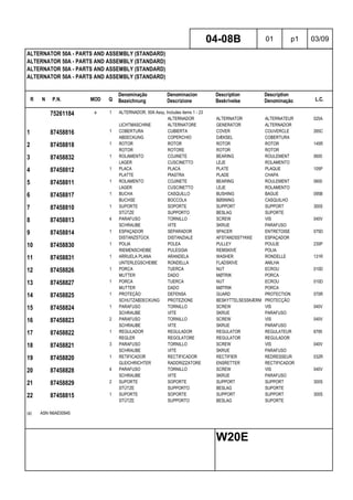 R N P.N. MOD Q
Denominação
Bezeichnung
Denominacion
Descrizione
Description
Beskrivelse
Description
Denominação L.C.
ALTERNATOR 50A - PARTS AND ASSEMBLY (STANDARD)
ALTERNATOR 50A - PARTS AND ASSEMBLY (STANDARD)
ALTERNATOR 50A - PARTS AND ASSEMBLY (STANDARD)
ALTERNATOR 50A - PARTS AND ASSEMBLY (STANDARD)
04-08B 01 p1 03/09
W20E
75261184 a 1 ALTERNADOR, 50A Assy, Includes items 1 - 23
ALTERNADOR ALTERNATOR ALTERNATEUR 025A
LICHTMASCHINE ALTERNATORE GENERATOR ALTERNADOR
1 87458816 1 COBERTURA CUBIERTA COVER COUVERCLE 265C
ABDECKUNG COPERCHIO DÆKSEL COBERTURA
2 87458818 1 ROTOR ROTOR ROTOR ROTOR 145R
ROTOR ROTORE ROTOR ROTOR
3 87458832 1 ROLAMENTO COJINETE BEARING ROULEMENT 0600
LAGER CUSCINETTO LEJE ROLAMENTO
4 87458812 1 PLACA PLACA PLATE PLAQUE 105P
PLATTE PIASTRA PLADE CHAPA
5 87458811 1 ROLAMENTO COJINETE BEARING ROULEMENT 0600
LAGER CUSCINETTO LEJE ROLAMENTO
6 87458817 1 BUCHA CASQUILLO BUSHING BAGUE 095B
BUCHSE BOCCOLA BØSNING CASQUILHO
7 87458810 1 SUPORTE SOPORTE SUPPORT SUPPORT 300S
STÜTZE SUPPORTO BESLAG SUPORTE
8 87458813 4 PARAFUSO TORNILLO SCREW VIS 040V
SCHRAUBE VITE SKRUE PARAFUSO
9 87458814 1 ESPAÇADOR SEPARADOR SPACER ENTRETOISE 075D
DISTANZSTÜCK DISTANZIALE AFSTANDSSTYKKE ESPAÇADOR
10 87458830 1 POLIA POLEA PULLEY POULIE 230P
RIEMENSCHEIBE PULEGGIA REMSKIVE POLIA
11 87458831 1 ARRUELA PLANA ARANDELA WASHER RONDELLE 131R
UNTERLEGSCHEIBE RONDELLA FLADSKIVE ANILHA
12 87458826 1 PORCA TUERCA NUT ECROU 010D
MUTTER DADO MØTRIK PORCA
13 87458827 1 PORCA TUERCA NUT ECROU 010D
MUTTER DADO MØTRIK PORCA
14 87458825 1 PROTEÇÃO DEFENSA GUARD PROTECTION 070R
SCHUTZABDECKUNG PROTEZIONE BESKYTTELSESSKÆRM PROTECÇÃO
15 87458824 1 PARAFUSO TORNILLO SCREW VIS 040V
SCHRAUBE VITE SKRUE PARAFUSO
16 87458823 2 PARAFUSO TORNILLO SCREW VIS 040V
SCHRAUBE VITE SKRUE PARAFUSO
17 87458822 1 REGULADOR REGULADOR REGULATOR REGULATEUR 6795
REGLER REGOLATORE REGULATOR REGULADOR
18 87458821 3 PARAFUSO TORNILLO SCREW VIS 040V
SCHRAUBE VITE SKRUE PARAFUSO
19 87458820 1 RETIFICADOR RECTIFICADOR RECTIFIER REDRESSEUR 032R
GLEICHRICHTER RADDRIZZATORE ENSRETTER RECTIFICADOR
20 87458828 4 PARAFUSO TORNILLO SCREW VIS 040V
SCHRAUBE VITE SKRUE PARAFUSO
21 87458829 2 SUPORTE SOPORTE SUPPORT SUPPORT 300S
STÜTZE SUPPORTO BESLAG SUPORTE
22 87458815 1 SUPORTE SOPORTE SUPPORT SUPPORT 300S
STÜTZE SUPPORTO BESLAG SUPORTE
(a) ASN N6AE00945
 