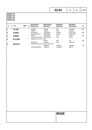 R N P.N. MOD Q
Denominação
Bezeichnung
Denominacion
Descrizione
Description
Beskrivelse
Description
Denominação L.C.
ENGINE FAN
ENGINE FAN
ENGINE FAN
ENGINE FAN
02-04 01 p1 11/07
W20E
1 J911566 1 CORREIAS CORREA BELT COURROIE 0660
RIEMEN CINGHIA REM CORREIA
2 A190656 1 ESPACADOR ESPACIADOR SPACER ENTRETOISE 8090
ABSTANDSSTUECK DISTANZIALE SPACER ESPACADOR
3 A189402 1 HELICE VENTILADOR FAN HELICE 3140
VENTILATOR/LUEFTER VENTILATORE FAN HELICE
4 814-10050 4 PARAFUSO, Hex, M10 x 50, 8.8
PERNO BOLT VIS 140B
SCHRAUBE BULLONE BOLT PARAFUSO
5 496-21041 4 ARRUELA PLANA, 13/32" x 13/16" x .089", HDN
ARANDELA WASHER RONDELLE 131R
UNTERLEGSCHEIBE RONDELLA FLADSKIVE ANILHA
 