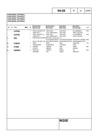 R N P.N. MOD Q
Denominação
Bezeichnung
Denominacion
Descrizione
Description
Beskrivelse
Description
Denominação L.C.
TURN SIGNAL (OPTIONAL)
TURN SIGNAL (OPTIONAL)
TURN SIGNAL (OPTIONAL)
TURN SIGNAL (OPTIONAL)
04-26 01 p1 03/09
W20E
A187992 1 FAROL CONJUNTO, RH FARO (CONJ) LIGHT ASSY. FEU (ASSEMBLE) P478
LAMPE (KPLT.) LUCE, COMPLESSIVO LIGHT ASSY. FAROL CONJUNTO
A187993 1 FAROL CONJUNTO, LH FARO (CONJ) LIGHT ASSY. FEU (ASSEMBLE) P478
LAMPE (KPLT.) LUCE, COMPLESSIVO LIGHT ASSY. FAROL CONJUNTO
1 NSS 1 SEM SERVIÇO EM SEPARADO, BODY, Includes items 1 - 4
NO SE REPARA POR SEPARADONOT SERVICED SEPARATELYNON ENTRET. SEPAREMENT064N
NICHT A SEP ERS-T LIEFERBNON FORNITO SEPARATAMENTESERVICERES IKKE SEPARATSEM REPARAÇÃO EM SEPARADO
2 A186293 1 LENTE LENTE LENS CABOCHON 170T
STREUSCHEIBE TRASPARENTE LYGTEGLAS LENTE
3 A15084 2 LAMPADA LAMPARA LAMP LAMPE 4960
LEUCHTE LAMPADA LAMP LAMPADA
4 226668A1 2 PARAFUSO TORNILLO SCREW VIS 7450
SCHRAUBE VITE SCREW PARAFUSO
 