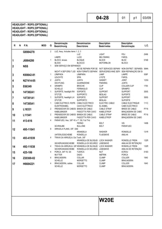 R N P.N. MOD Q
Denominação
Bezeichnung
Denominacion
Descrizione
Description
Beskrivelse
Description
Denominação L.C.
HEADLIGHT - ROPS (OPTIONAL)
HEADLIGHT - ROPS (OPTIONAL)
HEADLIGHT - ROPS (OPTIONAL)
HEADLIGHT - ROPS (OPTIONAL)
04-28 01 p1 03/09
W20E
G6984278 2 LUZ, Assy, Includes items 1, 2, 3
LUZ LIGHT FEU Z496
LAMPE LUCE BELYSNING FAROL
1 J6984280 1 BLOCO, lenses BLOQUE BLOCK BLOC 074B
BLOCK BLOCCO MOTORBLOK BLOCO
2 NSS 1 SEM SERVIÇO EM SEPARADO
NO SE REPARA POR SEPARADONOT SERVICED SEPARATELYNON ENTRET. SEPAREMENT064N
NICHT A SEP ERS-T LIEFERBNON FORNITO SEPARATAMENTESERVICERES IKKE SEPARATSEM REPARAÇÃO EM SEPARADO
3 K69842-81 1 LÂMPADA LÁMPARA LAMP LAMPE 009F
LEUCHTE SPIA LYGTE FAROL
4 N27414-05 2 JUNTA JUNTA GASKET JOINT 123G
DICHTUNG GUARNIZIONE PAKNING JUNTA
5 E66349 4 GRAMPO BROCHE CLIP COLLIER-CLIP 1700
SCHELLE FERMAGLIO CLIP GRAMPO
6 147382A1 1 SUPORTE, headlight RH SOPORTE SUPPORT SUPPORT 300S
STÜTZE SUPPORTO BESLAG SUPORTE
7 147381A1 1 SUPORTE, headlight LH SOPORTE SUPPORT SUPPORT 300S
STÜTZE SUPPORTO BESLAG SUPORTE
8 147385A1 1 CABO ELÉTRICO, ROPS CABLE ELÉCTRICO ELECTRIC CABLE CABLE ELECTRIQUE 111C
ELEKTROKABEL CAVO ELETTRICO EL-KABEL CABO ELÉCTRICO
9 L18331 2 PRENDEDOR DE CABOS BANDA DE CABLE CABLE STRAP BRIDE DE CABLE P716
KABELBINDER FASCETTA PER CAVO KABELSTROP BRAÇADEIRA DE CABO
10 L11541 2 PRENDEDOR DE CABOS BANDA DE CABLE CABLE STRAP BRIDE DE CABLE P716
KABELBINDER FASCETTA PER CAVO KABELSTROP BRAÇADEIRA DE CABO
11 413-616 4 PARAFUSO, Hex, 3/8"-16 x 1", G5, Full Thd
PERNO BOLT VIS 140B
SCHRAUBE BULLONE BOLT PARAFUSO
12 495-11041 8 ARRUELA PLANA, 3/8", SAE
ARANDELA WASHER RONDELLE 131R
UNTERLEGSCHEIBE RONDELLA FLADSKIVE ANILHA
13 493-41039 4 TRAVA DA ARRUELA, Ext Tooth, 3/8"
ARANDELA DE BLOQUEO LOCK WASHER RONDELLE FREIN 132R
SICHERUNGSSCHEIBE RONDELLA DI SICUREZZALÅSESKIVE ANILHA DE RETENÇÃO
14 492-11038 4 TRAVA DA ARRUELA, 3/8"ARANDELA DE BLOQUEO LOCK WASHER RONDELLE FREIN 132R
SICHERUNGSSCHEIBE RONDELLA DI SICUREZZALÅSESKIVE ANILHA DE RETENÇÃO
15 425-106 4 PORCA, 3/8"-16, G5 TUERCA NUT ECROU 010D
MUTTER DADO MØTRIK PORCA
16 Z20369-02 4 BRACADEIRA COLLAR CLAMP COLLIER 1640
SCHELLE MORSETTO CLAMP BRACADEIRA
17 H6684221 4 BRACADEIRA, cables COLLAR CLAMP COLLIER 1640
SCHELLE MORSETTO CLAMP BRACADEIRA
 