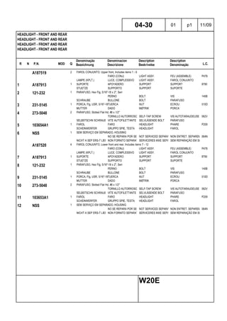 R N P.N. MOD Q
Denominação
Bezeichnung
Denominacion
Descrizione
Description
Beskrivelse
Description
Denominação L.C.
HEADLIGHT - FRONT AND REAR
HEADLIGHT - FRONT AND REAR
HEADLIGHT - FRONT AND REAR
HEADLIGHT - FRONT AND REAR
04-30 01 p1 11/09
W20E
A187519 2 FAROL CONJUNTO, Upper front, Includes items 1 - 6
FARO (CONJ) LIGHT ASSY. FEU (ASSEMBLE) P478
LAMPE (KPLT.) LUCE, COMPLESSIVO LIGHT ASSY. FAROL CONJUNTO
1 A187913 1 SUPORTE APOYADERO SUPPORT SUPPORT 8790
STUETZE SUPPORTO SUPPORT SUPORTE
2 121-232 1 PARAFUSO, Hex Flg, 5/16"-18 x 2", Serr
PERNO BOLT VIS 140B
SCHRAUBE BULLONE BOLT PARAFUSO
3 231-5145 1 PORCA, Flg, USR, 5/16"-18TUERCA NUT ECROU 010D
MUTTER DADO MØTRIK PORCA
4 273-5048 2 PARAFUSO, Slotted Flat Hd, #8 x 1/2"
TORNILLO AUTORROSCANTESELF-TAP SCREW VIS AUTOTARAUDEUSE 062V
SELBSTSCHN SCHRAUBEVITE AUTOFILETTANTE SELVLÅSENDE BOLT PARAFUSO
5 103654A1 1 FAROL FARO HEADLIGHT PHARE P209
SCHEINWERFER GRUPPO SPIE, TESTA HEADLIGHT FAROL
6 NSS 1 SEM SERVIÇO EM SEPARADO, HOUSING
NO SE REPARA POR SEPARADONOT SERVICED SEPARATELYNON ENTRET. SEPAREMENT064N
NICHT A SEP ERS-T LIEFERBNON FORNITO SEPARATAMENTESERVICERES IKKE SEPARATSEM REPARAÇÃO EM SEPARADO
A187520 4 FAROL CONJUNTO, Lower front and rear, Includes items 7 - 12
FARO (CONJ) LIGHT ASSY. FEU (ASSEMBLE) P478
LAMPE (KPLT.) LUCE, COMPLESSIVO LIGHT ASSY. FAROL CONJUNTO
7 A187913 1 SUPORTE APOYADERO SUPPORT SUPPORT 8790
STUETZE SUPPORTO SUPPORT SUPORTE
8 121-232 1 PARAFUSO, Hex Flg, 5/16"-18 x 2", Serr
PERNO BOLT VIS 140B
SCHRAUBE BULLONE BOLT PARAFUSO
9 231-5145 1 PORCA, Flg, USR, 5/16"-18TUERCA NUT ECROU 010D
MUTTER DADO MØTRIK PORCA
10 273-5048 2 PARAFUSO, Slotted Flat Hd, #8 x 1/2"
TORNILLO AUTORROSCANTESELF-TAP SCREW VIS AUTOTARAUDEUSE 062V
SELBSTSCHN SCHRAUBEVITE AUTOFILETTANTE SELVLÅSENDE BOLT PARAFUSO
11 103653A1 1 FAROL FARO HEADLIGHT PHARE P209
SCHEINWERFER GRUPPO SPIE, TESTA HEADLIGHT FAROL
12 NSS 1 SEM SERVIÇO EM SEPARADO, HOUSING
NO SE REPARA POR SEPARADONOT SERVICED SEPARATELYNON ENTRET. SEPAREMENT064N
NICHT A SEP ERS-T LIEFERBNON FORNITO SEPARATAMENTESERVICERES IKKE SEPARATSEM REPARAÇÃO EM SEPARADO
 