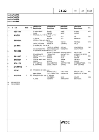 R N P.N. MOD Q
Denominação
Bezeichnung
Denominacion
Descrizione
Description
Beskrivelse
Description
Denominação L.C.
BACK-UP ALARM
BACK-UP ALARM
BACK-UP ALARM
BACK-UP ALARM
04-32 01 p1 07/09
W20E
1 109511A1 1 ALARME, back-up ALARMA ALARM ALARME 002A
ALARM ALLARME ALARM ALARME
2 413-516 2 PARAFUSO, Hex, 5/16"-18 x 1", G5, Full Thd
PERNO BOLT VIS 140B
SCHRAUBE BULLONE BOLT PARAFUSO
3 895-11008 4 ARRUELA PLANA, M8 x 16 x 1.6
ARANDELA WASHER RONDELLE 131R
UNTERLEGSCHEIBE RONDELLA FLADSKIVE ANILHA
4 231-1445 2 CONTRA PORCA, 5/16"-18, GB
TUERCA DE BLOQUEO LOCK NUT CONTRE-ECROU P263
SICHERUNGSMUTTER DADO DI BLOCCAGGIO LÅSEMØTRIK CONTRAPORCA
5 79012600 1 INTERRUPTOR DE PRESSÃO, back-up alarm
INTERRUPTOR DE PRESIÓNPRESSURE SWITCH PRESSOSTAT 079I
DRUCKSCHALTER PRESSOSTATO KONTAKT, TRYK INTERRUPTOR DE PRESSÃO
5 84182607 a 1 SENSOR, back-up alarm SENSOR SENSOR CAPTEUR 608S
SENSOR SENSORE FØLER SENSOR
5 84228807 b 1 SENSOR, back-up alarm SENSOR SENSOR CAPTEUR 608S
SENSOR SENSORE FØLER SENSOR
6 87431156 1 CABO ELÉTRICO CABLE ELÉCTRICO ELECTRIC CABLE CABLE ELECTRIQUE 111C
ELEKTROKABEL CAVO ELETTRICO EL-KABEL CABO ELÉCTRICO
6 {75265102} b 1
7 L11541 AR PRENDEDOR DE CABOS, nylon
BANDA DE CABLE CABLE STRAP BRIDE DE CABLE P716
KABELBINDER FASCETTA PER CAVO KABELSTROP BRAÇADEIRA DE CABO
7 515-23190 b AR BRAÇADEIRA, 3/4", Insul, 3/8" Bolt, nylon
ABRAZADERA CLAMP COLLIER 120M
KLEMME MORSETTO SPÆNDEBÅND BRAÇADEIRA
(a) ASN N9AE02579
(b) ASN N9AE02636
 