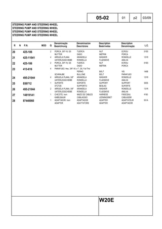R N P.N. MOD Q
Denominação
Bezeichnung
Denominacion
Descrizione
Description
Beskrivelse
Description
Denominação L.C.
STEERING PUMP AND STEERING WHEEL
STEERING PUMP AND STEERING WHEEL
STEERING PUMP AND STEERING WHEEL
STEERING PUMP AND STEERING WHEEL
05-02 01 p2 03/09
W20E
20 425-106 2 PORCA, 3/8"-16, G5 TUERCA NUT ECROU 010D
MUTTER DADO MØTRIK PORCA
21 425-11041 4 ARRUELA PLANA ARANDELA WASHER RONDELLE 131R
UNTERLEGSCHEIBE RONDELLA FLADSKIVE ANILHA
22 425-106 2 PORCA, 3/8"-16, G5 TUERCA NUT ECROU 010D
MUTTER DADO MØTRIK PORCA
23 413-616 4 PARAFUSO, Hex, 3/8"-16 x 1", G5, Full Thd
PERNO BOLT VIS 140B
SCHRAUBE BULLONE BOLT PARAFUSO
24 495-21044 4 ARRUELA PLANA, 3/8" ARANDELA WASHER RONDELLE 131R
UNTERLEGSCHEIBE RONDELLA FLADSKIVE ANILHA
25 E69712 1 SUPORTE SOPORTE SUPPORT SUPPORT 300S
STÜTZE SUPPORTO BESLAG SUPORTE
26 495-21044 2 ARRUELA PLANA, 3/8" ARANDELA WASHER RONDELLE 131R
UNTERLEGSCHEIBE RONDELLA FLADSKIVE ANILHA
27 148191A1 1 CHICOTE, horn MAZO DE CABLES HARNESS FAISCEAU 4160
KABELBAUM CABLAGGIO LEDNINGSNET CABLAGEM
28 87440060 1 ADAPTADOR, horn ADAPTADOR ADAPTER ADAPTATEUR 001A
ADAPTER ADATTATORE ADAPTER ADAPTADOR
 