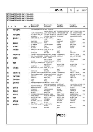 R N P.N. MOD Q
Denominação
Bezeichnung
Denominacion
Descrizione
Description
Beskrivelse
Description
Denominação L.C.
STEERING PRESSURE LINE HYDRAULICS
STEERING PRESSURE LINE HYDRAULICS
STEERING PRESSURE LINE HYDRAULICS
STEERING PRESSURE LINE HYDRAULICS
05-10 01 p1 11/07
W20E
1 147726A1 1 UNIDADE HIDROSTÁT RECOND, Assy (P.5-6)
UNIDAD HIDROST. INTERC.EXCHANGE HYDROSTATIC UNITPOMPE HYDROSTATIQUE RENOV656C
AUST-HYDROSTATIKEINHEITUNITÀ IDROST. RIGENERATAHYDRO. ENHED, OMB. UNID HIDROSTÁT SUBSTIT
2 147727A1 1 COLUNA DE DIREÇÃO COLUMNA DE DIRECCIÓNSTEERING COLUMN COLONNE DE DIRECTION103P
LENKSÄULE PIANTONE DELLO STERZORATSTAMME COLUNA DE DIRECÇÃO
3 218-5117 1 COTOVELO, 90º, 7/8"-14, 37º x 3/4"-16, O-Ring
CODO ELBOW COUDE 085G
KNIESTÜCK GOMITO VINKELRØR COTOVELO
4 E69585 1 MANGUEIRA, pressure TUBO HOSE FLEXIBLE 030M
SCHLAUCH TUBO FLESSIBILE SLANGE MANGUEIRA
5 A16961 2 FLANGE TAPA FLANGE FLASQUE 3360
FLANSCH FLANGIA FLANGE FLANGE
6 413-620 4 PARAFUSO, Hex, 3/8"-16 x 1 1/4", G5, Full Thd
PERNO BOLT VIS 140B
SCHRAUBE BULLONE BOLT PARAFUSO
7 492-11038 4 TRAVA DA ARRUELA, 3/8"ARANDELA DE BLOQUEO LOCK WASHER RONDELLE FREIN 132R
SICHERUNGSSCHEIBE RONDELLA DI SICUREZZALÅSESKIVE ANILHA DE RETENÇÃO
8 A7623 1 O-RING, -214, 70 Duro, .984" ID x .139" Thk
JUNTA TÓRICA O-RING JOINT TORIQUE 055A
O-RING ANELLO TOROIDALE O-RING O-RING
9 REF 1 INSTRUÇÃO, PUMP hydraulic Assy (P.8-20)
INSTRUCCIÓN INSTRUCTION INSTRUCTION Z571
ANLEITUNG ISTRUZIONI INSTRUKTION INSTRUÇÃO
10 413-824 2 PARAFUSO, Hex, 1/2"-13 x 1 1/2", G5, Full Thd
PERNO BOLT VIS 140B
SCHRAUBE BULLONE BOLT PARAFUSO
11 492-11010 2 TRAVA DA ARRUELA, #10 ARANDELA DE BLOQUEO LOCK WASHER RONDELLE FREIN 132R
SICHERUNGSSCHEIBE RONDELLA DI SICUREZZALÅSESKIVE ANILHA DE RETENÇÃO
12 147728A1 1 CONEXÃO ACOPLAMIENTO FITTING RACCORD 3300
ARMATUR RACCORDO FITTING CONECTOR
13 75264558 1 TUBO TUBO TUBE TUBE 195T
ROHR TUBO RØR TUBO
14 214-1420 2 BRAÇADEIRA MANGUEIRA, #20, 0.81/1.75 Type F Worm
ABRAZADERA DE MANGUERAHOSE CLAMP COLLIER POUR FLEXIBLEP729
SCHLAUCHSCHELLE FASCETTA STRINGITUBOSLANGEKLEMME ABRAÇAD. DA MANGUEIRA
15 L74878 1 MANGUEIRA, return TUBO HOSE FLEXIBLE 030M
SCHLAUCH TUBO FLESSIBILE SLANGE MANGUEIRA
16 E69605 1 RADIADOR, oil RADIADOR RADIATOR RADIATEUR 025R
KÜHLER RADIATORE KØLER ARREFECEDOR
17 L18331 2 PRENDEDOR DE CABOS BANDA DE CABLE CABLE STRAP BRIDE DE CABLE P716
KABELBINDER FASCETTA PER CAVO KABELSTROP BRAÇADEIRA DE CABO
18 REF 1 INSTRUÇÃO, PLATE INSTRUCCIÓN INSTRUCTION INSTRUCTION Z571
ANLEITUNG ISTRUZIONI INSTRUKTION INSTRUÇÃO
19 L73462 1 SUPORTE, outlet hose SOPORTE BRACKET CONSOLE 1010
HALTER STAFFA BRACKET SUPORTE
20 413-616 2 PARAFUSO, Hex, 3/8"-16 x 1", G5, Full Thd
PERNO BOLT VIS 140B
SCHRAUBE BULLONE BOLT PARAFUSO
 