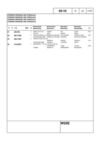 R N P.N. MOD Q
Denominação
Bezeichnung
Denominacion
Descrizione
Description
Beskrivelse
Description
Denominação L.C.
STEERING PRESSURE LINE HYDRAULICS
STEERING PRESSURE LINE HYDRAULICS
STEERING PRESSURE LINE HYDRAULICS
STEERING PRESSURE LINE HYDRAULICS
05-10 01 p2 11/07
W20E
21 425-106 2 PORCA, 3/8"-16, G5 TUERCA NUT ECROU 010D
MUTTER DADO MØTRIK PORCA
22 492-11038 2 TRAVA DA ARRUELA, 3/8"ARANDELA DE BLOQUEO LOCK WASHER RONDELLE FREIN 132R
SICHERUNGSSCHEIBE RONDELLA DI SICUREZZALÅSESKIVE ANILHA DE RETENÇÃO
23 495-11041 2 ARRUELA PLANA, 3/8", SAE
ARANDELA WASHER RONDELLE 131R
UNTERLEGSCHEIBE RONDELLA FLADSKIVE ANILHA
24 515-23381 1 BRAÇADEIRA, 1 1/2", Insul, 3/8" Bolt, outlet hose
ABRAZADERA CLAMP COLLIER 120M
KLEMME MORSETTO SPÆNDEBÅND BRAÇADEIRA
 