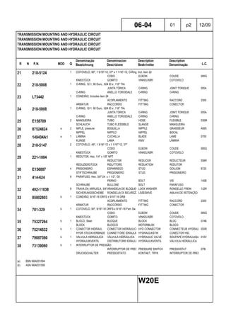 R N P.N. MOD Q
Denominação
Bezeichnung
Denominacion
Descrizione
Description
Beskrivelse
Description
Denominação L.C.
TRANSMISSION MOUNTING AND HYDRAULIC CIRCUIT
TRANSMISSION MOUNTING AND HYDRAULIC CIRCUIT
TRANSMISSION MOUNTING AND HYDRAULIC CIRCUIT
TRANSMISSION MOUNTING AND HYDRAULIC CIRCUIT
06-04 01 p2 12/09
W20E
21 218-5124 1 COTOVELO, 90º, 1 5/16"-12, 37º x 1 1/16"-12, O-Ring, Incl. item 22
CODO ELBOW COUDE 085G
KNIESTÜCK GOMITO VINKELRØR COTOVELO
22 218-5008 1 O-RING, 12-1, 90 Duro, .924 ID x .116" Thk
JUNTA TÓRICA O-RING JOINT TORIQUE 055A
O-RING ANELLO TOROIDALE O-RING O-RING
23 L73442 1 CONEXÃO, Includes item 24
ACOPLAMIENTO FITTING RACCORD 3300
ARMATUR RACCORDO FITTING CONECTOR
24 218-5008 1 O-RING, 12-1, 90 Duro, .924 ID x .116" Thk
JUNTA TÓRICA O-RING JOINT TORIQUE 055A
O-RING ANELLO TOROIDALE O-RING O-RING
25 E158709 2 MANGUEIRA TUBO HOSE FLEXIBLE 030M
SCHLAUCH TUBO FLESSIBILE SLANGE MANGUEIRA
26 87524824 a 2 NIPLE, pressure BOQUILLA NIPPLE GRAISSEUR A065
NIPPEL NIPPLO NIPPEL BOCAL
27 149434A1 a 1 LÂMINA CUCHILLA BLADE LAME 0700
KLINGE LAMA KNIV LÂMINA
28 218-5147 2 COTOVELO, 45º, 1 5/16"-12 x 1 1/16"-12, 37º
CODO ELBOW COUDE 085G
KNIESTÜCK GOMITO VINKELRØR COTOVELO
29 221-1084 1 REDUTOR, Hex, 1/4" x 1/8" NPT
REDUCTOR REDUCER REDUCTEUR 056R
REDUZIERSTÜCK RIDUTTORE REDUKTION REDUTOR
30 E156007 4 PRISIONEIRO ESPARREGO STUD GOUJON 8720
STIFTSCHRAUBE PRIGIONIERO STUD PRISIONEIRO
31 414-624 8 PARAFUSO, Hex, 3/8"-24 x 1 1/2", G5
PERNO BOLT VIS 140B
SCHRAUBE BULLONE BOLT PARAFUSO
32 492-11038 8 TRAVA DA ARRUELA, 3/8"ARANDELA DE BLOQUEO LOCK WASHER RONDELLE FREIN 132R
SICHERUNGSSCHEIBE RONDELLA DI SICUREZZALÅSESKIVE ANILHA DE RETENÇÃO
33 85802803 b 1 CONEXÃO, 9/16"-18 ORFS x 9/16"-18 ORB
ACOPLAMIENTO FITTING RACCORD 3300
ARMATUR RACCORDO FITTING CONECTOR
34 701-329 b 1 COTOVELO, 90º, 9/16"-18 ORFS x 9/16"-18 Fem Sw
CODO ELBOW COUDE 085G
KNIESTÜCK GOMITO VINKELRØR COTOVELO
35 75327264 b 1 BLOCO, Steel BLOQUE BLOCK BLOC 074B
BLOCK BLOCCO MOTORBLOK BLOCO
36 75214532 b 1 CONECTOR HIDRÁUL CONECTOR HIDRÁULICO HYD CONNECTOR CONNECTEUR HYDRAULIQUE020R
HYDR STECKVERBINDER CONNETTORE IDRAULICOHYDRAULIKSTIK CONECTOR HID.
37 79087360 b 1 VÁLVULA HIDRÁULICA VÁLVULA HIDRÁULICA HYDRAULIC VALVE SOUPAPE HYDRAULIQUE010V
HYDRAULIKVENTIL DISTRIBUTORE IDRAULICOHYDRAULIKVENTIL VÁLVULA HIDRÁULICA
38 73139080 b 1 INTERRUPTOR DE PRESSÃO
INTERRUPTOR DE PRESIÓNPRESSURE SWITCH PRESSOSTAT 079I
DRUCKSCHALTER PRESSOSTATO KONTAKT, TRYK INTERRUPTOR DE PRESSÃO
(a) BSN N6AE01094
(b) ASN N6AE01095
 