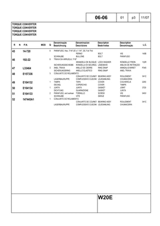R N P.N. MOD Q
Denominação
Bezeichnung
Denominacion
Descrizione
Description
Beskrivelse
Description
Denominação L.C.
TORQUE CONVERTER
TORQUE CONVERTER
TORQUE CONVERTER
TORQUE CONVERTER
06-06 01 p3 11/07
W20E
45 14-720 6 PARAFUSO, Hex, 7/16"-20 x 1 1/4", G5, Full Thd
PERNO BOLT VIS 140B
SCHRAUBE BULLONE BOLT PARAFUSO
46 192-22 6 TRAVA DA ARRUELA, 7/16"
ARANDELA DE BLOQUEO LOCK WASHER RONDELLE FREIN 132R
SICHERUNGSSCHEIBE RONDELLA DI SICUREZZALÅSESKIVE ANILHA DE RETENÇÃO
47 L33464 3 ANEL TRAVA ANILLO DE CIERRE RING SNAP ANNEAU-D'ARRET P345
SICHERUNGSRING ANELLO ELASTICO RING SNAP ANEL TRAVA
48 E157336 3 CONJUNTO DO ROLAMENTO
CONJUNTO DE COJINETESBEARING ASSY ROULEMENT 341C
LAGERBAURUPPE COMPLESSIVO CUSCINETTOLEJESAMLING CHUMACEIRA
49 E104132 1 TAMPA TAPA COVER COUVERCLE 2250
DECKEL COPERCHIO COVER TAMPA
50 E104134 1 JUNTA JUNTA GASKET JOINT 3720
DICHTUNG GUARNIZIONE GASKET JUNTA
51 E104133 2 PARAFUSO, and wahser TORNILLO SCREW VIS 040V
SCHRAUBE VITE SKRUE PARAFUSO
52 147445A1 1 CONJUNTO DO ROLAMENTO
CONJUNTO DE COJINETESBEARING ASSY ROULEMENT 341C
LAGERBAURUPPE COMPLESSIVO CUSCINETTOLEJESAMLING CHUMACEIRA
 