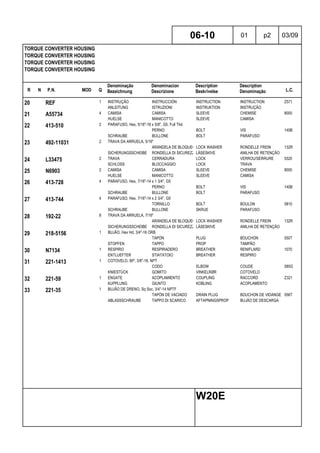 R N P.N. MOD Q
Denominação
Bezeichnung
Denominacion
Descrizione
Description
Beskrivelse
Description
Denominação L.C.
TORQUE CONVERTER HOUSING
TORQUE CONVERTER HOUSING
TORQUE CONVERTER HOUSING
TORQUE CONVERTER HOUSING
06-10 01 p2 03/09
W20E
20 REF 1 INSTRUÇÃO INSTRUCCIÓN INSTRUCTION INSTRUCTION Z571
ANLEITUNG ISTRUZIONI INSTRUKTION INSTRUÇÃO
21 A55734 4 CAMISA CAMISA SLEEVE CHEMISE 8000
HUELSE MANICOTTO SLEEVE CAMISA
22 413-510 2 PARAFUSO, Hex, 5/16"-18 x 5/8", G5, Full Thd
PERNO BOLT VIS 140B
SCHRAUBE BULLONE BOLT PARAFUSO
23 492-11031 2 TRAVA DA ARRUELA, 5/16"
ARANDELA DE BLOQUEO LOCK WASHER RONDELLE FREIN 132R
SICHERUNGSSCHEIBE RONDELLA DI SICUREZZALÅSESKIVE ANILHA DE RETENÇÃO
24 L33475 2 TRAVA CERRADURA LOCK VERROU/SERRURE 5320
SCHLOSS BLOCCAGGIO LOCK TRAVA
25 N6903 2 CAMISA CAMISA SLEEVE CHEMISE 8000
HUELSE MANICOTTO SLEEVE CAMISA
26 413-728 4 PARAFUSO, Hex, 7/16"-14 x 1 3/4", G5
PERNO BOLT VIS 140B
SCHRAUBE BULLONE BOLT PARAFUSO
27 413-744 4 PARAFUSO, Hex, 7/16"-14 x 2 3/4", G5
TORNILLO BOLT BOULON 0810
SCHRAUBE BULLONE SKRUE PARAFUSO
28 192-22 8 TRAVA DA ARRUELA, 7/16"
ARANDELA DE BLOQUEO LOCK WASHER RONDELLE FREIN 132R
SICHERUNGSSCHEIBE RONDELLA DI SICUREZZALÅSESKIVE ANILHA DE RETENÇÃO
29 218-5156 1 BUJÃO, Hex Hd, 3/4"-16 ORB
TAPÓN PLUG BOUCHON 050T
STOPFEN TAPPO PROP TAMPÃO
30 N7134 1 RESPIRO RESPIRADERO BREATHER RENIFLARD 1070
ENTLUEFTER STIATATOIO BREATHER RESPIRO
31 221-1413 1 COTOVELO, 90º, 3/8"-18, NPT
CODO ELBOW COUDE 085G
KNIESTÜCK GOMITO VINKELRØR COTOVELO
32 221-59 1 ENGATE ACOPLAMIENTO COUPLING RACCORD Z321
KUPPLUNG GIUNTO KOBLING ACOPLAMENTO
33 221-35 1 BUJÃO DE DRENO, Sq Soc, 3/4"-14 NPTF
TAPÓN DE VACIADO DRAIN PLUG BOUCHON DE VIDANGE 056T
ABLASSSCHRAUBE TAPPO DI SCARICO AFTAPNINGSPROP BUJÃO DE DESCARGA
 