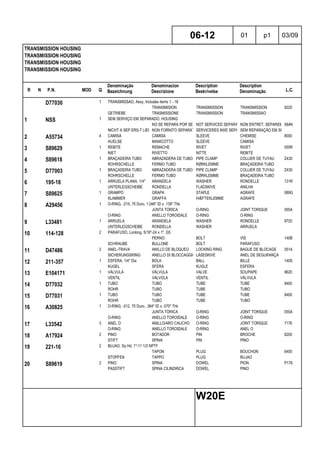 R N P.N. MOD Q
Denominação
Bezeichnung
Denominacion
Descrizione
Description
Beskrivelse
Description
Denominação L.C.
TRANSMISSION HOUSING
TRANSMISSION HOUSING
TRANSMISSION HOUSING
TRANSMISSION HOUSING
06-12 01 p1 03/09
W20E
D77030 1 TRANSMISSAO, Assy, Includes items 1 - 16
TRANSMISION TRANSMISSION TRANSMISSION 9220
GETRIEBE TRASMISSIONE TRANSMISSION TRANSMISSAO
1 NSS 1 SEM SERVIÇO EM SEPARADO, HOUSING
NO SE REPARA POR SEPARADONOT SERVICED SEPARATELYNON ENTRET. SEPAREMENT064N
NICHT A SEP ERS-T LIEFERBNON FORNITO SEPARATAMENTESERVICERES IKKE SEPARATSEM REPARAÇÃO EM SEPARADO
2 A55734 4 CAMISA CAMISA SLEEVE CHEMISE 8000
HUELSE MANICOTTO SLEEVE CAMISA
3 S89629 1 REBITE REMACHE RIVET RIVET 055R
NIET RIVETTO NITTE REBITE
4 S89618 1 BRAÇADEIRA TUBO ABRAZADERA DE TUBO PIPE CLAMP COLLIER DE TUYAU Z430
ROHRSCHELLE FERMO TUBO RØRKLEMME BRAÇADEIRA TUBO
5 D77003 1 BRAÇADEIRA TUBO ABRAZADERA DE TUBO PIPE CLAMP COLLIER DE TUYAU Z430
ROHRSCHELLE FERMO TUBO RØRKLEMME BRAÇADEIRA TUBO
6 195-18 1 ARRUELA PLANA, 1/4" ARANDELA WASHER RONDELLE 131R
UNTERLEGSCHEIBE RONDELLA FLADSKIVE ANILHA
7 S89625 1 GRAMPO GRAPA STAPLE AGRAFE 089G
KLAMMER GRAFFA HÆFTEKLEMME AGRAFE
8 A29456 1 O-RING, -215, 70 Duro, 1.046" ID x .139" Thk
JUNTA TÓRICA O-RING JOINT TORIQUE 055A
O-RING ANELLO TOROIDALE O-RING O-RING
9 L33481 1 ARRUELA ARANDELA WASHER RONDELLE 9720
UNTERLEGSCHEIBE RONDELLA WASHER ARRUELA
10 114-128 2 PARAFUSO, Locking, 5/16"-24 x 1", G5
PERNO BOLT VIS 140B
SCHRAUBE BULLONE BOLT PARAFUSO
11 D47486 2 ANEL-TRAVA ANILLO DE BLOQUEO LOCKING RING BAGUE DE BLOCAGE 051A
SICHERUNGSRING ANELLO DI BLOCCAGGIO LÅSESKIVE ANEL DE SEGURANÇA
12 211-357 1 ESFERA, 1/4" Dia BOLA BALL BILLE 140S
KUGEL SFERA KUGLE ESFERA
13 E104171 1 VÁLVULA VÁLVULA VALVE SOUPAPE 9620
VENTIL VALVOLA VENTIL VÁLVULA
14 D77032 1 TUBO TUBO TUBE TUBE 9400
ROHR TUBO TUBE TUBO
15 D77031 1 TUBO TUBO TUBE TUBE 9400
ROHR TUBO TUBE TUBO
16 A30825 1 O-RING, -012, 70 Duro, .364" ID x .070" Thk
JUNTA TÓRICA O-RING JOINT TORIQUE 055A
O-RING ANELLO TOROIDALE O-RING O-RING
17 L33542 3 ANEL O ANILLO/ARO CAUCHO O-RING JOINT TORIQUE 7176
O-RING ANELLO TOROIDALE O-RING ANEL O
18 A17924 2 PINO BOTADOR PIN BROCHE 6200
STIFT SPINA PIN PINO
19 221-16 2 BUJAO, Sq Hd, 1"-11 1/2 NPTF
TAPON PLUG BOUCHON 6400
STOPFEN TAPPO PLUG BUJAO
20 S89619 2 PINO SPINA DOWEL PION P176
PASSTIFT SPINA CILINDRICA DOWEL PINO
 