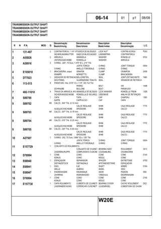 R N P.N. MOD Q
Denominação
Bezeichnung
Denominacion
Descrizione
Description
Beskrivelse
Description
Denominação L.C.
TRANSMISSION OUTPUT SHAFT
TRANSMISSION OUTPUT SHAFT
TRANSMISSION OUTPUT SHAFT
TRANSMISSION OUTPUT SHAFT
06-14 01 p1 08/08
W20E
1 131-487 2 CONTRA PORCA, 1 1/4"-18TUERCA DE BLOQUEO LOCK NUT CONTRE-ECROU P263
SICHERUNGSMUTTER DADO DI BLOCCAGGIO LÅSEMØTRIK CONTRAPORCA
2 A55828 2 ARRUELA ARANDELA WASHER RONDELLE 9720
UNTERLEGSCHEIBE RONDELLA WASHER ARRUELA
3 A30916 2 O-RING, -325", 70 Duro, 1.475" ID x .210" Thk
JUNTA TÓRICA O-RING JOINT TORIQUE 055A
O-RING ANELLO TOROIDALE O-RING O-RING
4 E105010 1 BRACADEIRA, output GRAPON CLAMP CRAMPON Z458
KRAMPE MORSETTO CLAMP BRACADEIRA
5 D77023 1 VEDADOR DE RETENCAOSELLO/RETEN SEAL JOINT-D'ETANCHEITE 7460
DICHTRING GUARNIZIONE TENUTA SEAL VEDADOR DE RETENCAO
6 113-515 4 PARAFUSO, Hex, 9/16"-12 x 1 1/4", G5, Full Thd
PERNO BOLT VIS 140B
SCHRAUBE BULLONE BOLT PARAFUSO
7 492-11010 4 TRAVA DA ARRUELA, #10 ARANDELA DE BLOQUEO LOCK WASHER RONDELLE FREIN 132R
SICHERUNGSSCHEIBE RONDELLA DI SICUREZZALÅSESKIVE ANILHA DE RETENÇÃO
8 S89700 1 CAPA TAPA CAP CHAPEAU 1380
KAPPE CAPPUCCIO CAP CAPA
9 S89702 AR CALCO, .004" Thk, (0.10 mm)
CALCE REGLAGE SHIM CALE-REGLAGE 7770
AUSGLEICHSCHEIBE SPESSORE SHIM CALCO
9 S89703 AR CALCO, .007" Thk, (0.18 mm)
CALCE REGLAGE SHIM CALE-REGLAGE 7770
AUSGLEICHSCHEIBE SPESSORE SHIM CALCO
9 S89704 AR CALCO, .010" Thk, (0.25 mm)
CALCE REGLAGE SHIM CALE-REGLAGE 7770
AUSGLEICHSCHEIBE SPESSORE SHIM CALCO
9 S89705 AR CALCO, .020" Thk, (0.50 mm)
CALCE REGLAGE SHIM CALE-REGLAGE 7770
AUSGLEICHSCHEIBE SPESSORE SHIM CALCO
10 A27507 1 O-RING, -242, 70 Duro, 3.984" ID x .139" Thk
JUNTA TÓRICA O-RING JOINT TORIQUE 055A
O-RING ANELLO TOROIDALE O-RING O-RING
11 E157729 1 CONJUNTO DO ROLAMENTO
CONJUNTO DE COJINETESBEARING ASSY ROULEMENT 341C
LAGERBAURUPPE COMPLESSIVO CUSCINETTOLEJESAMLING CHUMACEIRA
12 D76994 1 CONE CONO CONE CONE Z140
KONUS CONO KEGLE CONE
13 E68940 1 ESPAÇADOR SEPARADOR SPACER ENTRETOISE 075D
DISTANZSTÜCK DISTANZIALE AFSTANDSSTYKKE ESPAÇADOR
14 E68941 1 EIXO EJE SHAFT ARBRE 016A
WELLE ALBERO AKSEL VEIO
15 E68947 1 ENGRENAGEM ENGRANAJE GEAR PIGNON 050I
ZAHNRAD INGRANAGGIO TANDHJUL ENGRENAGEM
16 D76994 1 CONE CONO CONE CONE Z140
KONUS CONO KEGLE CONE
17 E157730 1 CAPA ROLAMENTO CUBIERTA DE COJINETE BEARING COVER CACHE ROULEMENT Z421
LAGERABDECKUNG COPERCHIO CUSCINETTOLEJEDÆKSEL COBERTURA DE CHUMACEIRA
 