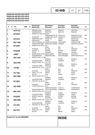 R N P.N. MOD Q
Denominação
Bezeichnung
Denominacion
Descrizione
Description
Beskrivelse
Description
Denominação L.C.
RADIATOR AND RELATED PARTS
RADIATOR AND RELATED PARTS
RADIATOR AND RELATED PARTS
RADIATOR AND RELATED PARTS
02-06B 01 p1 11/09
A partir do nº de série N6AE00938
W20E
1 347611A3 1 RADIADOR, engine RADIATOR RADIATOR RADIATEUR 6755
WASSERKUEHLER RADIATORE RADIATOR RADIADOR
2 401430A1 1 RADIADOR DE OLEO, transmission
REFRIGERADOR DE ACEICOOLER, OIL RADIATEUR D'HUILE Z229
OELKUEHLER SCAMBIATORE CAL OLIO COOLER, OIL RADIADOR DE OLEO
3 87373373 1 COBERTURA, radiator PROTECTOR SHROUD PROTECTION 7830
VERKLEIDUNG RIPARO DÆKKE COBERTURA
4 892-11008 8 TRAVA DA ARRUELA, M8 ARANDELA DE BLOQUEO LOCK WASHER RONDELLE FREIN 132R
SICHERUNGSSCHEIBE RONDELLA DI SICUREZZALÅSESKIVE ANILHA DE RETENÇÃO
5 627-8020 8 PARAFUSO, Hex, M8 x 20, 10.9
PERNO BOLT VIS 140B
SCHRAUBE BULLONE BOLT PARAFUSO
6 87539346 1 SUPORTE, LH SOPORTE SUPPORT SUPPORT 300S
STÜTZE SUPPORTO BESLAG SUPORTE
7 L46821 2 AMORTECEDOR DE CHOQAMORTIGUADOR SHOCK ABSORBER SILENTBLOC P334
STOSSDAEMPFER AMMORTIZZATORE SHOCK ABSORBER AMORTECEDOR DE CHOQ
8 495-11053 4 ARRUELA PLANA, 1/2", SAE
ARANDELA WASHER RONDELLE 131R
UNTERLEGSCHEIBE RONDELLA FLADSKIVE ANILHA
9 495-31056 4 ARRUELA PLANA, 1/2" x 1 7/8" x .109"
ARANDELA WASHER RONDELLE 131R
UNTERLEGSCHEIBE RONDELLA FLADSKIVE ANILHA
10 413-840 4 PARAFUSO, Hex, 1/2"-13 x 2 1/2", G5
PERNO BOLT VIS 140B
SCHRAUBE BULLONE BOLT PARAFUSO
11 231-1448 4 PORCA, 1/2"-13, GB TUERCA NUT ECROU 010D
MUTTER DADO MØTRIK PORCA
12 895-15008 1 6 ARRUELA PLANA, M8 x 20 x 1.6
ARANDELA WASHER RONDELLE 131R
UNTERLEGSCHEIBE RONDELLA FLADSKIVE ANILHA
13 627-8025 8 PARAFUSO, Hex, M8 x 25, 10.9
PERNO BOLT VIS 140B
SCHRAUBE BULLONE BOLT PARAFUSO
14 832-10408 8 CONTRA PORCA, M8 x 1.25, Cl 8
TUERCA DE BLOQUEO LOCK NUT CONTRE-ECROU P263
SICHERUNGSMUTTER DADO DI BLOCCAGGIO LÅSEMØTRIK CONTRAPORCA
15 896-11010 1 2 ARRUELA PLANA, M10 x 21.5 x 2.5, HT
ARANDELA WASHER RONDELLE 131R
UNTERLEGSCHEIBE RONDELLA FLADSKIVE ANILHA
16 87539392 1 SUPORTE, radiator RH SOPORTE SUPPORT SUPPORT 300S
STÜTZE SUPPORTO BESLAG SUPORTE
17 496-21066 8 ARRUELA PLANA, 21/32" x 1 5/16" x .150"
ARANDELA WASHER RONDELLE 131R
UNTERLEGSCHEIBE RONDELLA FLADSKIVE ANILHA
18 413-1032 4 PARAFUSO, Hex, 5/8"-11 x 2", G5
PERNO BOLT VIS 140B
SCHRAUBE BULLONE BOLT PARAFUSO
19 425-1010 4 PORCA, 5/8"-11, G5 TUERCA NUT ECROU 010D
MUTTER DADO MØTRIK PORCA
 