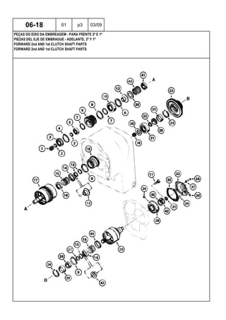 FORWARD 2nd AND 1st CLUTCH SHAFT PARTS
FORWARD 2nd AND 1st CLUTCH SHAFT PARTS
PIEZAS DEL EJE DE EMBRAGUE - ADELANTE, 2ª Y 1ª
06-18 01 p3 03/09
PEÇAS DO EIXO DA EMBREAGEM - PARA FRENTE 2ª E 1ª
 