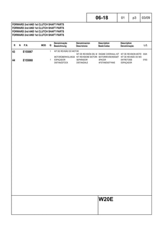 R N P.N. MOD Q
Denominação
Bezeichnung
Denominacion
Descrizione
Description
Beskrivelse
Description
Denominação L.C.
FORWARD 2nd AND 1st CLUTCH SHAFT PARTS
FORWARD 2nd AND 1st CLUTCH SHAFT PARTS
FORWARD 2nd AND 1st CLUTCH SHAFT PARTS
FORWARD 2nd AND 1st CLUTCH SHAFT PARTS
06-18 01 p3 03/09
W20E
43 E155067 1 KIT DE REVISÃO DO MOTOR
KIT DE REVISIÓN DEL MOTORENGINE OVERHAUL KIT KIT DE REVISION MOTEUR002K
MOTORÜBERHOLUNGSSATZKIT REVISIONE MOTORE MOTORREVISIONSSÆT KIT DE REVISÃO DO MOTOR
44 E155068 1 ESPAÇADOR SEPARADOR SPACER ENTRETOISE 075D
DISTANZSTÜCK DISTANZIALE AFSTANDSSTYKKE ESPAÇADOR
 