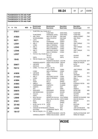 R N P.N. MOD Q
Denominação
Bezeichnung
Denominacion
Descrizione
Description
Beskrivelse
Description
Denominação L.C.
TRANSMISSION FILTER AND PUMP
TRANSMISSION FILTER AND PUMP
TRANSMISSION FILTER AND PUMP
TRANSMISSION FILTER AND PUMP
06-24 01 p1 03/09
W20E
1 D78317 1 PLANETARIA, Assy, Includes item 2
PLANETARIO GEAR WHEEL PLANETAIRE Z589
PLANETENRAD INGRANAGIO, SATELL GEAR WHEEL PLANETARIA
2 A18024 1 ANEL TRAVA ANILLO DE CIERRE RING SNAP ANNEAU-D'ARRET P345
SICHERUNGSRING ANELLO ELASTICO RING SNAP ANEL TRAVA
3 N6271 1 JUNTA JUNTA GASKET JOINT 3720
DICHTUNG GUARNIZIONE GASKET JUNTA
4 L33541 1 ANEL O ANILLO/ARO CAUCHO O-RING JOINT TORIQUE 7176
O-RING ANELLO TOROIDALE O-RING ANEL O
5 L33542 1 ANEL O ANILLO/ARO CAUCHO O-RING JOINT TORIQUE 7176
O-RING ANELLO TOROIDALE O-RING ANEL O
6 L33540 1 ANEL O ANILLO/ARO CAUCHO O-RING JOINT TORIQUE 7176
O-RING ANELLO TOROIDALE O-RING ANEL O
L33537 1 VÁLVULA, Assy, Includes items 7 - 22
VÁLVULA VALVE SOUPAPE 9620
VENTIL VALVOLA VENTIL VÁLVULA
7 138-83 2 PINO DE FIXAÇÃO, 5/32" x 1 3/4", Slotted
PASADOR DE BLOQUEO LOCK PIN GOUPILLE DE BLOCAGE 081P
VERRIEGELUNGSSTIFT PERNO DI BLOCCAGGIO LÅSETAP PERNO DE FIXAÇÃO
8 D59677 1 LIMITADOR TOPE STOP BUTEE 8570
ANSCHLAG FERMO STOP LIMITADOR
9 F62114 1 O-RING, -115, 70 Duro, .674" ID x .103" Thk
JUNTA TÓRICA O-RING JOINT TORIQUE 055A
O-RING ANELLO TOROIDALE O-RING O-RING
10 A18038 1 LIMITADOR TOPE STOP BUTEE 8570
ANSCHLAG FERMO STOP LIMITADOR
11 E114251 1 ANEL O ANILLO/ARO CAUCHO O-RING JOINT TORIQUE 7176
O-RING ANELLO TOROIDALE O-RING ANEL O
12 A18004 1 MOLA MUELLE SPRING RESSORT 8315
FEDER MOLLA SPRING MOLA
13 A18003 1 EMBOLO EMBOLO PLUNGER PLONGEUR, PISTON 6420
PUMPENKOLBEN STANTUFFO PLUNGER EMBOLO
14 D59678 1 ASSENTO ASIENTO SEAT SIEGE 7480
SITZ SEDILE SÆDE ASSENTO
15 D59679 1 ESPACADOR ESPACIADOR SPACER ENTRETOISE 8090
ABSTANDSSTUECK DISTANZIALE SPACER ESPACADOR
16 L33553 1 VÁLVULA VÁLVULA VALVE SOUPAPE 9620
VENTIL VALVOLA VENTIL VÁLVULA
17 L30048 1 MOLA VÁLVULA RESORTE DE VÁLVULA VALVE SPRING RESSORT DE SOUPAPE P463
VENTILFEDER MOLLA DELLA VALVOLA VENTILFJEDER MOLA DE VÁLVULA
18 D76971 1 MOLA MUELLE SPRING RESSORT 8315
FEDER MOLLA SPRING MOLA
19 221-662 1 BUJÃO, Hex Hd, 1/4"-18 TAPÓN PLUG BOUCHON 050T
STOPFEN TAPPO PROP TAMPÃO
20 L33556 1 VEDADOR DE RETENCAOSELLO/RETEN SEAL JOINT-D'ETANCHEITE 7460
DICHTRING GUARNIZIONE TENUTA SEAL VEDADOR DE RETENCAO
21 138-127 3 PINO DE FIXAÇÃO, 1/4" x 1/2", Slotted
PASADOR DE BLOQUEO LOCK PIN GOUPILLE DE BLOCAGE 081P
VERRIEGELUNGSSTIFT PERNO DI BLOCCAGGIO LÅSETAP PERNO DE FIXAÇÃO
 