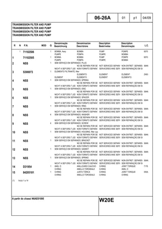 R N P.N. MOD Q
Denominação
Bezeichnung
Denominacion
Descrizione
Description
Beskrivelse
Description
Denominação L.C.
TRANSMISSION FILTER AND PUMP
TRANSMISSION FILTER AND PUMP
TRANSMISSION FILTER AND PUMP
TRANSMISSION FILTER AND PUMP
06-26A 01 p1 04/09
A partir do chassi N6AE01095
W20E
1 71102506 1 BOMBA, Assy BOMBA PUMP POMPE 6570
PUMPE POMPA PUMPE BOMBA
1 71102505 1 BOMBA BOMBA PUMP POMPE 6570
PUMPE POMPA PUMPE BOMBA
2 NSS 1 SEM SERVIÇO EM SEPARADO, PLUG
NO SE REPARA POR SEPARADONOT SERVICED SEPARATELYNON ENTRET. SEPAREMENT064N
NICHT A SEP ERS-T LIEFERBNON FORNITO SEPARATAMENTESERVICERES IKKE SEPARATSEM REPARAÇÃO EM SEPARADO
3 S300073 1 ELEMENTO FILTRANTE, filter
ELEMENTO ELEMENT ELEMENT Z483
ELEMENT ELEMENTO ELEMENT ELEMENTO
4 NSS 1 SEM SERVIÇO EM SEPARADO, SPRING
NO SE REPARA POR SEPARADONOT SERVICED SEPARATELYNON ENTRET. SEPAREMENT064N
NICHT A SEP ERS-T LIEFERBNON FORNITO SEPARATAMENTESERVICERES IKKE SEPARATSEM REPARAÇÃO EM SEPARADO
5 NSS 1 SEM SERVIÇO EM SEPARADO, DISC
NO SE REPARA POR SEPARADONOT SERVICED SEPARATELYNON ENTRET. SEPAREMENT064N
NICHT A SEP ERS-T LIEFERBNON FORNITO SEPARATAMENTESERVICERES IKKE SEPARATSEM REPARAÇÃO EM SEPARADO
6 NSS 1 SEM SERVIÇO EM SEPARADO, SPACER
NO SE REPARA POR SEPARADONOT SERVICED SEPARATELYNON ENTRET. SEPAREMENT064N
NICHT A SEP ERS-T LIEFERBNON FORNITO SEPARATAMENTESERVICERES IKKE SEPARATSEM REPARAÇÃO EM SEPARADO
7 NSS 1 SEM SERVIÇO EM SEPARADO, RING
NO SE REPARA POR SEPARADONOT SERVICED SEPARATELYNON ENTRET. SEPAREMENT064N
NICHT A SEP ERS-T LIEFERBNON FORNITO SEPARATAMENTESERVICERES IKKE SEPARATSEM REPARAÇÃO EM SEPARADO
8 NSS 4 SEM SERVIÇO EM SEPARADO, WASHER
NO SE REPARA POR SEPARADONOT SERVICED SEPARATELYNON ENTRET. SEPAREMENT064N
NICHT A SEP ERS-T LIEFERBNON FORNITO SEPARATAMENTESERVICERES IKKE SEPARATSEM REPARAÇÃO EM SEPARADO
9 NSS 4 SEM SERVIÇO EM SEPARADO, SCREW
NO SE REPARA POR SEPARADONOT SERVICED SEPARATELYNON ENTRET. SEPAREMENT064N
NICHT A SEP ERS-T LIEFERBNON FORNITO SEPARATAMENTESERVICERES IKKE SEPARATSEM REPARAÇÃO EM SEPARADO
10 NSS 1 SEM SERVIÇO EM SEPARADO, HOUSING, filter cup
NO SE REPARA POR SEPARADONOT SERVICED SEPARATELYNON ENTRET. SEPAREMENT064N
NICHT A SEP ERS-T LIEFERBNON FORNITO SEPARATAMENTESERVICERES IKKE SEPARATSEM REPARAÇÃO EM SEPARADO
11 NSS 1 SEM SERVIÇO EM SEPARADO, BRACKET
NO SE REPARA POR SEPARADONOT SERVICED SEPARATELYNON ENTRET. SEPAREMENT064N
NICHT A SEP ERS-T LIEFERBNON FORNITO SEPARATAMENTESERVICERES IKKE SEPARATSEM REPARAÇÃO EM SEPARADO
12 NSS 1 SEM SERVIÇO EM SEPARADO, GASKET
NO SE REPARA POR SEPARADONOT SERVICED SEPARATELYNON ENTRET. SEPAREMENT064N
NICHT A SEP ERS-T LIEFERBNON FORNITO SEPARATAMENTESERVICERES IKKE SEPARATSEM REPARAÇÃO EM SEPARADO
13 NSS 1 SEM SERVIÇO EM SEPARADO, SPRING
NO SE REPARA POR SEPARADONOT SERVICED SEPARATELYNON ENTRET. SEPAREMENT064N
NICHT A SEP ERS-T LIEFERBNON FORNITO SEPARATAMENTESERVICERES IKKE SEPARATSEM REPARAÇÃO EM SEPARADO
14 D31954 1 ANEL O ANILLO/ARO CAUCHO O-RING JOINT TORIQUE 7176
O-RING ANELLO TOROIDALE O-RING ANEL O
15 84205181 1 O-RING JUNTA TÓRICA O-RING JOINT TORIQUE 055A
O-RING ANELLO TOROIDALE O-RING O-RING
(1) Inclui 1 a 14
 