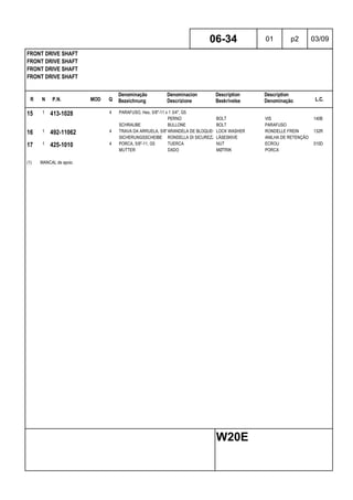 R N P.N. MOD Q
Denominação
Bezeichnung
Denominacion
Descrizione
Description
Beskrivelse
Description
Denominação L.C.
FRONT DRIVE SHAFT
FRONT DRIVE SHAFT
FRONT DRIVE SHAFT
FRONT DRIVE SHAFT
06-34 01 p2 03/09
W20E
15 1 413-1028 4 PARAFUSO, Hex, 5/8"-11 x 1 3/4", G5
PERNO BOLT VIS 140B
SCHRAUBE BULLONE BOLT PARAFUSO
16 1 492-11062 4 TRAVA DA ARRUELA, 5/8"ARANDELA DE BLOQUEO LOCK WASHER RONDELLE FREIN 132R
SICHERUNGSSCHEIBE RONDELLA DI SICUREZZALÅSESKIVE ANILHA DE RETENÇÃO
17 1 425-1010 4 PORCA, 5/8"-11, G5 TUERCA NUT ECROU 010D
MUTTER DADO MØTRIK PORCA
(1) MANCAL de apoio
 
