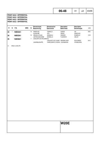 R N P.N. MOD Q
Denominação
Bezeichnung
Denominacion
Descrizione
Description
Beskrivelse
Description
Denominação L.C.
FRONT AXLE - DIFFERENTIAL
FRONT AXLE - DIFFERENTIAL
FRONT AXLE - DIFFERENTIAL
FRONT AXLE - DIFFERENTIAL
06-48 01 p3 03/09
W20E
33 1 148934A1 16 PARAFUSO TORNILLO SCREW VIS 040V
SCHRAUBE VITE SKRUE PARAFUSO
34 148935A1 16 ARRUELA PLANA ARANDELA WASHER RONDELLE 131R
UNTERLEGSCHEIBE RONDELLA FLADSKIVE ANILHA
35 148936A1 1 CONJUNTO DO ROLAMENTO
CONJUNTO DE COJINETESBEARING ASSY ROULEMENT 341C
LAGERBAURUPPE COMPLESSIVO CUSCINETTOLEJESAMLING CHUMACEIRA
(1) Utilizar Loctite 270
 