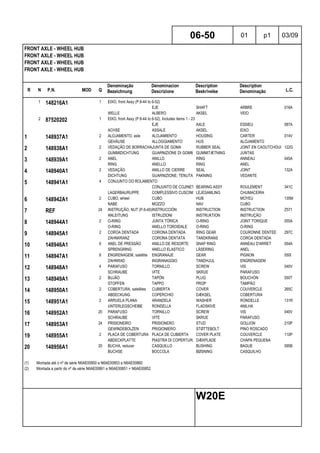 R N P.N. MOD Q
Denominação
Bezeichnung
Denominacion
Descrizione
Description
Beskrivelse
Description
Denominação L.C.
FRONT AXLE - WHEEL HUB
FRONT AXLE - WHEEL HUB
FRONT AXLE - WHEEL HUB
FRONT AXLE - WHEEL HUB
06-50 01 p1 03/09
W20E
1 148216A1 1 EIXO, front Assy (P.6-44 to 6-52)
EJE SHAFT ARBRE 016A
WELLE ALBERO AKSEL VEIO
2 87520202 1 EIXO, front Assy (P.6-44 to 6-52), Includes items 1 - 23
EJE AXLE ESSIEU 087A
ACHSE ASSALE AKSEL EIXO
1 148937A1 2 ALOJAMENTO, axle ALOJAMIENTO HOUSING CARTER 014V
GEHÄUSE ALLOGGIAMENTO HUS ALOJAMENTO
2 148938A1 2 VEDAÇÃO DE BORRACHAJUNTA DE GOMA RUBBER SEAL JOINT EN CAOUTCHOUC 122G
GUMMIDICHTUNG GUARNIZIONE DI GOMMAGUMMITÆTNING JUNTAS
3 148939A1 2 ANEL ANILLO RING ANNEAU 045A
RING ANELLO RING ANEL
4 148940A1 2 VEDAÇÃO ANILLO DE CIERRE SEAL JOINT 132A
DICHTUNG GUARNIZIONE; TENUTA PAKNING VEDANTE
5 148941A1 4 CONJUNTO DO ROLAMENTO
CONJUNTO DE COJINETESBEARING ASSY ROULEMENT 341C
LAGERBAURUPPE COMPLESSIVO CUSCINETTOLEJESAMLING CHUMACEIRA
6 148942A1 2 CUBO, wheel CUBO HUB MOYEU 135M
NABE MOZZO NAV CUBO
7 REF 24 INSTRUÇÃO, NUT (P.6-40)INSTRUCCIÓN INSTRUCTION INSTRUCTION Z571
ANLEITUNG ISTRUZIONI INSTRUKTION INSTRUÇÃO
8 148944A1 2 O-RING JUNTA TÓRICA O-RING JOINT TORIQUE 055A
O-RING ANELLO TOROIDALE O-RING O-RING
9 148945A1 2 COROA DENTADA CORONA DENTADA RING GEAR COURONNE DENTEE 297C
ZAHNKRANZ CORONA DENTATA TANDKRANS COROA DENTADA
10 148946A1 6 ANEL DE PRESSÃO ANILLO DE RESORTE SNAP RING ANNEAU D'ARRET 054A
SPRENGRING ANELLO ELASTICO LÅSERING ANEL
11 148947A1 6 ENGRENAGEM, satellite ENGRANAJE GEAR PIGNON 050I
ZAHNRAD INGRANAGGIO TANDHJUL ENGRENAGEM
12 148948A1 4 PARAFUSO TORNILLO SCREW VIS 040V
SCHRAUBE VITE SKRUE PARAFUSO
13 148949A1 2 BUJÃO TAPÓN PLUG BOUCHON 050T
STOPFEN TAPPO PROP TAMPÃO
14 148950A1 2 COBERTURA, satellites CUBIERTA COVER COUVERCLE 265C
ABDECKUNG COPERCHIO DÆKSEL COBERTURA
15 148951A1 2 ARRUELA PLANA ARANDELA WASHER RONDELLE 131R
UNTERLEGSCHEIBE RONDELLA FLADSKIVE ANILHA
16 148952A1 20 PARAFUSO TORNILLO SCREW VIS 040V
SCHRAUBE VITE SKRUE PARAFUSO
17 148953A1 24 PRISIONEIRO PRISIONERO STUD GOUJON 210P
GEWINDEBOLZEN PRIGIONIERO STØTTEBOLT PINO ROSCADO
19 148955A1 2 PLACA DE COBERTURA PLACA DE CUBIERTA COVER PLATE COUVERCLE 110P
ABDECKPLATTE PIASTRA DI COPERTURA DÆKPLADE CHAPA PEQUENA
20 148956A1 20 BUCHA, reducer CASQUILLO BUSHING BAGUE 095B
BUCHSE BOCCOLA BØSNING CASQUILHO
(1) Montada até o nº de série N6AE00850 e N6AE00853 a N6AE00860
(2) Montada a partir do nº de série N6AE00861 e N6AE00851 + N6AE00852
 