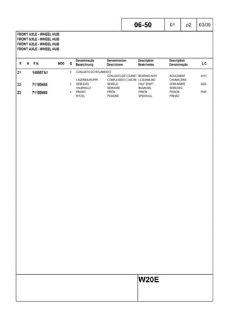 R N P.N. MOD Q
Denominação
Bezeichnung
Denominacion
Descrizione
Description
Beskrivelse
Description
Denominação L.C.
FRONT AXLE - WHEEL HUB
FRONT AXLE - WHEEL HUB
FRONT AXLE - WHEEL HUB
FRONT AXLE - WHEEL HUB
06-50 01 p2 03/09
W20E
21 148957A1 6 CONJUNTO DO ROLAMENTO
CONJUNTO DE COJINETESBEARING ASSY ROULEMENT 341C
LAGERBAURUPPE COMPLESSIVO CUSCINETTOLEJESAMLING CHUMACEIRA
22 71100468 2 SEMI-EIXO SEMIEJE HALF SHAFT DEMI-ARBRE 092S
HALBWELLE SEMIASSE BAGAKSEL SEMI-EIXO
23 71100469 4 PINHÃO PIÑÓN PINION PIGNON P045
RITZEL PIGNONE SPIDSHJUL PINHÃO
 
