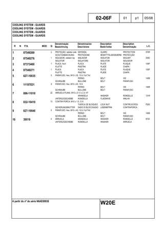 R N P.N. MOD Q
Denominação
Bezeichnung
Denominacion
Descrizione
Description
Beskrivelse
Description
Denominação L.C.
COOLING SYSTEM - GUARDS
COOLING SYSTEM - GUARDS
COOLING SYSTEM - GUARDS
COOLING SYSTEM - GUARDS
02-06F 01 p1 05/08
A partir do nº de série N6AE00938
W20E
1 87549269 2 PROTEÇÃO, radiator side DEFENSA GUARD PROTECTION 070R
SCHUTZABDECKUNG PROTEZIONE BESKYTTELSESSKÆRM PROTECÇÃO
2 87549276 1 ISOLADOR, radiator top AISLADOR ISOLATOR ISOLANT Z082
ISOLATOR ISOLATORE ISOLATOR ISOLADOR
3 87373400 1 PLACA, front PLACA PLATE PLAQUE 105P
PLATTE PIASTRA PLADE CHAPA
4 87549271 1 PLACA PLACA PLATE PLAQUE 105P
PLATTE PIASTRA PLADE CHAPA
5 627-10035 5 PARAFUSO, Hex, M10 x 35, 10.9, Full Thd
PERNO BOLT VIS 140B
SCHRAUBE BULLONE BOLT PARAFUSO
6 11107031 4 PARAFUSO, Hex, M10 x 45, 10.9
PERNO BOLT VIS 140B
SCHRAUBE BULLONE BOLT PARAFUSO
7 896-11010 22 ARRUELA PLANA, M10 x 21.5 x 2.5, HT
ARANDELA WASHER RONDELLE 131R
UNTERLEGSCHEIBE RONDELLA FLADSKIVE ANILHA
8 832-10410 13 CONTRA PORCA, M10 x 1.5, Cl 8
TUERCA DE BLOQUEO LOCK NUT CONTRE-ECROU P263
SICHERUNGSMUTTER DADO DI BLOCCAGGIO LÅSEMØTRIK CONTRAPORCA
9 627-10040 4 PARAFUSO, Hex, M10 x 40, 10.9, Full Thd
PERNO BOLT VIS 140B
SCHRAUBE BULLONE BOLT PARAFUSO
10 39519 4 ARRUELA ARANDELA WASHER RONDELLE 9720
UNTERLEGSCHEIBE RONDELLA WASHER ARRUELA
 