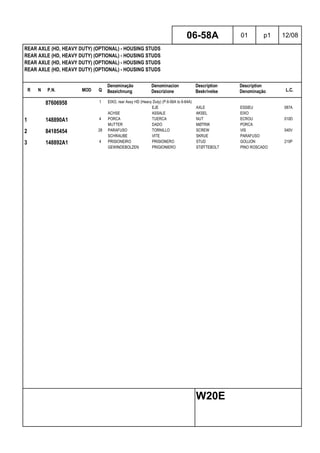 R N P.N. MOD Q
Denominação
Bezeichnung
Denominacion
Descrizione
Description
Beskrivelse
Description
Denominação L.C.
REAR AXLE (HD, HEAVY DUTY) (OPTIONAL) - HOUSING STUDS
REAR AXLE (HD, HEAVY DUTY) (OPTIONAL) - HOUSING STUDS
REAR AXLE (HD, HEAVY DUTY) (OPTIONAL) - HOUSING STUDS
REAR AXLE (HD, HEAVY DUTY) (OPTIONAL) - HOUSING STUDS
06-58A 01 p1 12/08
W20E
87606958 1 EIXO, rear Assy HD (Heavy Duty) (P.6-56A to 6-64A)
EJE AXLE ESSIEU 087A
ACHSE ASSALE AKSEL EIXO
1 148890A1 4 PORCA TUERCA NUT ECROU 010D
MUTTER DADO MØTRIK PORCA
2 84185454 28 PARAFUSO TORNILLO SCREW VIS 040V
SCHRAUBE VITE SKRUE PARAFUSO
3 148892A1 4 PRISIONEIRO PRISIONERO STUD GOUJON 210P
GEWINDEBOLZEN PRIGIONIERO STØTTEBOLT PINO ROSCADO
 