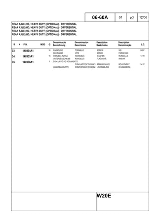 R N P.N. MOD Q
Denominação
Bezeichnung
Denominacion
Descrizione
Description
Beskrivelse
Description
Denominação L.C.
REAR AXLE (HD, HEAVY DUTY) (OPTIONAL) - DIFFERENTIAL
REAR AXLE (HD, HEAVY DUTY) (OPTIONAL) - DIFFERENTIAL
REAR AXLE (HD, HEAVY DUTY) (OPTIONAL) - DIFFERENTIAL
REAR AXLE (HD, HEAVY DUTY) (OPTIONAL) - DIFFERENTIAL
06-60A 01 p3 12/08
W20E
33 148934A1 16 PARAFUSO TORNILLO SCREW VIS 040V
SCHRAUBE VITE SKRUE PARAFUSO
34 148935A1 16 ARRUELA PLANA ARANDELA WASHER RONDELLE 131R
UNTERLEGSCHEIBE RONDELLA FLADSKIVE ANILHA
35 148936A1 1 CONJUNTO DO ROLAMENTO
CONJUNTO DE COJINETESBEARING ASSY ROULEMENT 341C
LAGERBAURUPPE COMPLESSIVO CUSCINETTOLEJESAMLING CHUMACEIRA
 