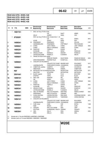 R N P.N. MOD Q
Denominação
Bezeichnung
Denominacion
Descrizione
Description
Beskrivelse
Description
Denominação L.C.
REAR AXLE (STD) - WHEEL HUB
REAR AXLE (STD) - WHEEL HUB
REAR AXLE (STD) - WHEEL HUB
REAR AXLE (STD) - WHEEL HUB
06-62 01 p1 03/09
W20E
1 148217A1 1 EIXO, rear Assy (P.6-56 to 6-64)
EJE SHAFT ARBRE 016A
WELLE ALBERO AKSEL VEIO
2 87520201 EIXO, rear Assy (P.6-56 to 6-64), Includes items 1 - 24
EJE AXLE ESSIEU 087A
ACHSE ASSALE AKSEL EIXO
1 148985A1 24 PRISIONEIRO PRISIONERO STUD GOUJON 210P
GEWINDEBOLZEN PRIGIONIERO STØTTEBOLT PINO ROSCADO
2 148986A1 2 O-RING JUNTA TÓRICA O-RING JOINT TORIQUE 055A
O-RING ANELLO TOROIDALE O-RING O-RING
3 148952A1 20 PARAFUSO TORNILLO SCREW VIS 040V
SCHRAUBE VITE SKRUE PARAFUSO
4 149989A1 6 ARRUELA PLANA ARANDELA WASHER RONDELLE 131R
UNTERLEGSCHEIBE RONDELLA FLADSKIVE ANILHA
5 148988A1 6 PINHÃO DA RODA GUIA, satellite
PIÑÓN DE TENSOR IDLER PINION PIGNON DE RENVOI 020S
ZWISCHENZAHNRAD PIGNONE FOLLE PLANETHJUL PINHÃO INTERMÉDIO
6 148989A1 6 CONJUNTO DO ROLAMENTO
CONJUNTO DE COJINETESBEARING ASSY ROULEMENT 341C
LAGERBAURUPPE COMPLESSIVO CUSCINETTOLEJESAMLING CHUMACEIRA
7 149988A1 2 COBERTURA, satellites CUBIERTA COVER COUVERCLE 265C
ABDECKUNG COPERCHIO DÆKSEL COBERTURA
8 REF 24 INSTRUÇÃO, NUT (P.6-40)INSTRUCCIÓN INSTRUCTION INSTRUCTION Z571
ANLEITUNG ISTRUZIONI INSTRUKTION INSTRUÇÃO
9 292414A1 2 BUJAO, magnetic TAPON PLUG BOUCHON 6400
STOPFEN TAPPO PLUG BUJAO
10 148991A1 6 PINO, shaft PASADOR PIN BROCHE 080P
PIN PERNO STIFT PERNO
11 148992A1 6 O-RING JUNTA TÓRICA O-RING JOINT TORIQUE 055A
O-RING ANELLO TOROIDALE O-RING O-RING
12 148948A1 4 PARAFUSO TORNILLO SCREW VIS 040V
SCHRAUBE VITE SKRUE PARAFUSO
13 148993A1 2 ARRUELA PLANA ARANDELA WASHER RONDELLE 131R
UNTERLEGSCHEIBE RONDELLA FLADSKIVE ANILHA
14 148994A1 2 ANEL DE PRESSÃO ANILLO DE RESORTE SNAP RING ANNEAU D'ARRET 054A
SPRENGRING ANELLO ELASTICO LÅSERING ANEL
15 148995A1 2 COROA DENTADA CORONA DENTADA RING GEAR COURONNE DENTEE 297C
ZAHNKRANZ CORONA DENTATA TANDKRANS COROA DENTADA
16 148941A1 4 CONJUNTO DO ROLAMENTO
CONJUNTO DE COJINETESBEARING ASSY ROULEMENT 341C
LAGERBAURUPPE COMPLESSIVO CUSCINETTOLEJESAMLING CHUMACEIRA
17 148996A1 2 CUBO, wheel CUBO HUB MOYEU 135M
NABE MOZZO NAV CUBO
18 148940A1 2 VEDAÇÃO ANILLO DE CIERRE SEAL JOINT 132A
DICHTUNG GUARNIZIONE; TENUTA PAKNING VEDANTE
19 148939A1 2 ANEL ANILLO RING ANNEAU 045A
RING ANELLO RING ANEL
(1) Montada até o nº de série N6AE00850 e N6AE00853 a N6AE00860
(2) Montada a partir do nº de série N6AE00861 e N6AE00851 + N6AE00852
 