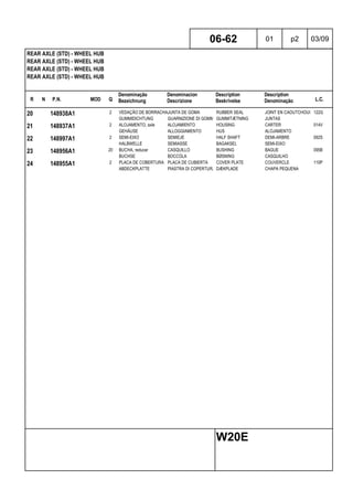R N P.N. MOD Q
Denominação
Bezeichnung
Denominacion
Descrizione
Description
Beskrivelse
Description
Denominação L.C.
REAR AXLE (STD) - WHEEL HUB
REAR AXLE (STD) - WHEEL HUB
REAR AXLE (STD) - WHEEL HUB
REAR AXLE (STD) - WHEEL HUB
06-62 01 p2 03/09
W20E
20 148938A1 2 VEDAÇÃO DE BORRACHAJUNTA DE GOMA RUBBER SEAL JOINT EN CAOUTCHOUC 122G
GUMMIDICHTUNG GUARNIZIONE DI GOMMAGUMMITÆTNING JUNTAS
21 148937A1 2 ALOJAMENTO, axle ALOJAMIENTO HOUSING CARTER 014V
GEHÄUSE ALLOGGIAMENTO HUS ALOJAMENTO
22 148997A1 2 SEMI-EIXO SEMIEJE HALF SHAFT DEMI-ARBRE 092S
HALBWELLE SEMIASSE BAGAKSEL SEMI-EIXO
23 148956A1 20 BUCHA, reducer CASQUILLO BUSHING BAGUE 095B
BUCHSE BOCCOLA BØSNING CASQUILHO
24 148955A1 2 PLACA DE COBERTURA PLACA DE CUBIERTA COVER PLATE COUVERCLE 110P
ABDECKPLATTE PIASTRA DI COPERTURA DÆKPLADE CHAPA PEQUENA
 