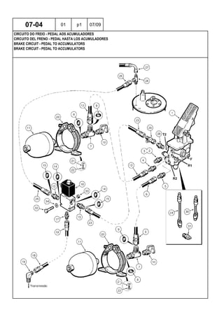 BRAKE CIRCUIT - PEDAL TO ACCUMULATORS
BRAKE CIRCUIT - PEDAL TO ACCUMULATORS
CIRCUITO DEL FRENO - PEDAL HASTA LOS ACUMULADORES
07-04 01 p1 07/09
CIRCUITO DO FREIO - PEDAL AOS ACUMULADORES
 