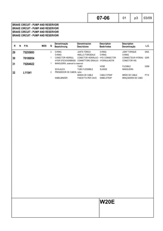 R N P.N. MOD Q
Denominação
Bezeichnung
Denominacion
Descrizione
Description
Beskrivelse
Description
Denominação L.C.
BRAKE CIRCUIT - PUMP AND RESERVOIR
BRAKE CIRCUIT - PUMP AND RESERVOIR
BRAKE CIRCUIT - PUMP AND RESERVOIR
BRAKE CIRCUIT - PUMP AND RESERVOIR
07-06 01 p3 03/09
W20E
29 75255693 2 O-RING JUNTA TÓRICA O-RING JOINT TORIQUE 055A
O-RING ANELLO TOROIDALE O-RING O-RING
30 78100054 1 CONECTOR HIDRÁUL CONECTOR HIDRÁULICO HYD CONNECTOR CONNECTEUR HYDRAULIQUE020R
HYDR STECKVERBINDER CONNETTORE IDRAULICOHYDRAULIKSTIK CONECTOR HID.
31 75264622 1 MANGUEIRA, solenoid to reservoir
TUBO HOSE FLEXIBLE 030M
SCHLAUCH TUBO FLESSIBILE SLANGE MANGUEIRA
32 L11541 2 PRENDEDOR DE CABOS, nylon
BANDA DE CABLE CABLE STRAP BRIDE DE CABLE P716
KABELBINDER FASCETTA PER CAVO KABELSTROP BRAÇADEIRA DE CABO
 