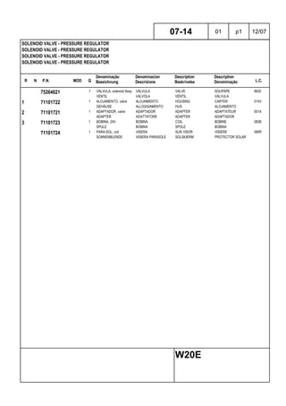 R N P.N. MOD Q
Denominação
Bezeichnung
Denominacion
Descrizione
Description
Beskrivelse
Description
Denominação L.C.
SOLENOID VALVE - PRESSURE REGULATOR
SOLENOID VALVE - PRESSURE REGULATOR
SOLENOID VALVE - PRESSURE REGULATOR
SOLENOID VALVE - PRESSURE REGULATOR
07-14 01 p1 12/07
W20E
75264621 1 VÁLVULA, solenoid Assy VÁLVULA VALVE SOUPAPE 9620
VENTIL VALVOLA VENTIL VÁLVULA
1 71101722 1 ALOJAMENTO, valve ALOJAMIENTO HOUSING CARTER 014V
GEHÄUSE ALLOGGIAMENTO HUS ALOJAMENTO
2 71101721 1 ADAPTADOR, valve ADAPTADOR ADAPTER ADAPTATEUR 001A
ADAPTER ADATTATORE ADAPTER ADAPTADOR
3 71101723 1 BOBINA, 24V BOBINA COIL BOBINE 083B
SPULE BOBINA SPOLE BOBINA
71101724 1 PARA-SOL, coil VISERA SUN VISOR VISIERE 080R
SONNENBLENDE VISIERA PARASOLE SOLSKÆRM PROTECTOR SOLAR
 