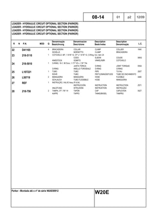 R N P.N. MOD Q
Denominação
Bezeichnung
Denominacion
Descrizione
Description
Beskrivelse
Description
Denominação L.C.
LOADER - HYDRAULIC CIRCUIT OPTIONAL SECTION (PARKER)
LOADER - HYDRAULIC CIRCUIT OPTIONAL SECTION (PARKER)
LOADER - HYDRAULIC CIRCUIT OPTIONAL SECTION (PARKER)
LOADER - HYDRAULIC CIRCUIT OPTIONAL SECTION (PARKER)
08-14 01 p2 12/09
Parker - Montada até o nº de série N6AE00912
W20E
22 D41165 4 BRACADEIRA COLLAR CLAMP COLLIER 1640
SCHELLE MORSETTO CLAMP BRACADEIRA
23 218-5110 1 COTOVELO, 90º, 1 5/16"-12, 37º x 1 5/16"-12, O-Ring, Incl. item 24
CODO ELBOW COUDE 085G
KNIESTÜCK GOMITO VINKELRØR COTOVELO
24 218-5010 1 O-RING, 16-1, 90 Duro, 1.171" ID x .116" Thk
JUNTA TÓRICA O-RING JOINT TORIQUE 055A
O-RING ANELLO TOROIDALE O-RING O-RING
25 L107221 1 TUBO TUBO PIPE TUYAU 200T
ROHR TUBO PÅFYLDNINGSSTUDS TUBO DE ENCHIMENTO
26 L50719 2 MANGUEIRA MANGUERA HOSE FLEXIBLE 4480
SCHLAUCH TUBO FLESSIBILE HOSE MANGUEIRA
27 REF 1 INSTRUÇÃO, VALVE Assy (P.8-34)
INSTRUCCIÓN INSTRUCTION INSTRUCTION Z571
ANLEITUNG ISTRUZIONI INSTRUKTION INSTRUÇÃO
28 218-756 2 TAMPA, 37º, 7/8"-14 TAPÓN CAP CAPUCHON 052T
KAPPE TAPPO TANKDÆKSEL TAMPÃO
 