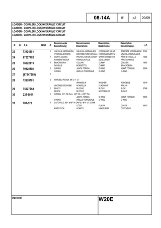 R N P.N. MOD Q
Denominação
Bezeichnung
Denominacion
Descrizione
Description
Beskrivelse
Description
Denominação L.C.
LOADER - COUPLER LOCK HYDRAULIC CIRCUIT
LOADER - COUPLER LOCK HYDRAULIC CIRCUIT
LOADER - COUPLER LOCK HYDRAULIC CIRCUIT
LOADER - COUPLER LOCK HYDRAULIC CIRCUIT
08-14A 01 p2 09/09
Opcional
W20E
23 73124881 1 VÁLVULA HIDRÁULICA VÁLVULA HIDRÁULICA HYDRAULIC VALVE SOUPAPE HYDRAULIQUE010V
HYDRAULIKVENTIL DISTRIBUTORE IDRAULICOHYDRAULIKVENTIL VÁLVULA HIDRÁULICA
24 87527102 1 CORTA-CHAMA PROTECTOR DE CHISPA SPARK ARRESTER PARE-ETINCELLE 195S
FUNKENFÄNGER PARASCINTILLE ILDSLUKKER PÁRA-CHAMAS
25 76022819 1 BRACADEIRA COLLAR CLAMP COLLIER 1640
SCHELLE MORSETTO CLAMP BRACADEIRA
26 70928486 1 O-RING JUNTA TÓRICA O-RING JOINT TORIQUE 055A
O-RING ANELLO TOROIDALE O-RING O-RING
27 {87547289} 1
28 12639701 2 ARRUELA PLANA, M6 x 11 x 1
ARANDELA WASHER RONDELLE 131R
UNTERLEGSCHEIBE RONDELLA FLADSKIVE ANILHA
29 75327264 1 BLOCO BLOQUE BLOCK BLOC 074B
BLOCK BLOCCO MOTORBLOK BLOCO
30 238-6011 1 O-RING, -011, 90 Duro, .301" ID x .070" Thk
JUNTA TÓRICA O-RING JOINT TORIQUE 055A
O-RING ANELLO TOROIDALE O-RING O-RING
31 700-378 1 COTOVELO, 90º, 9/16"-18 ORFS x M14 x 1.5 ORB
CODO ELBOW COUDE 085G
KNIESTÜCK GOMITO VINKELRØR COTOVELO
 